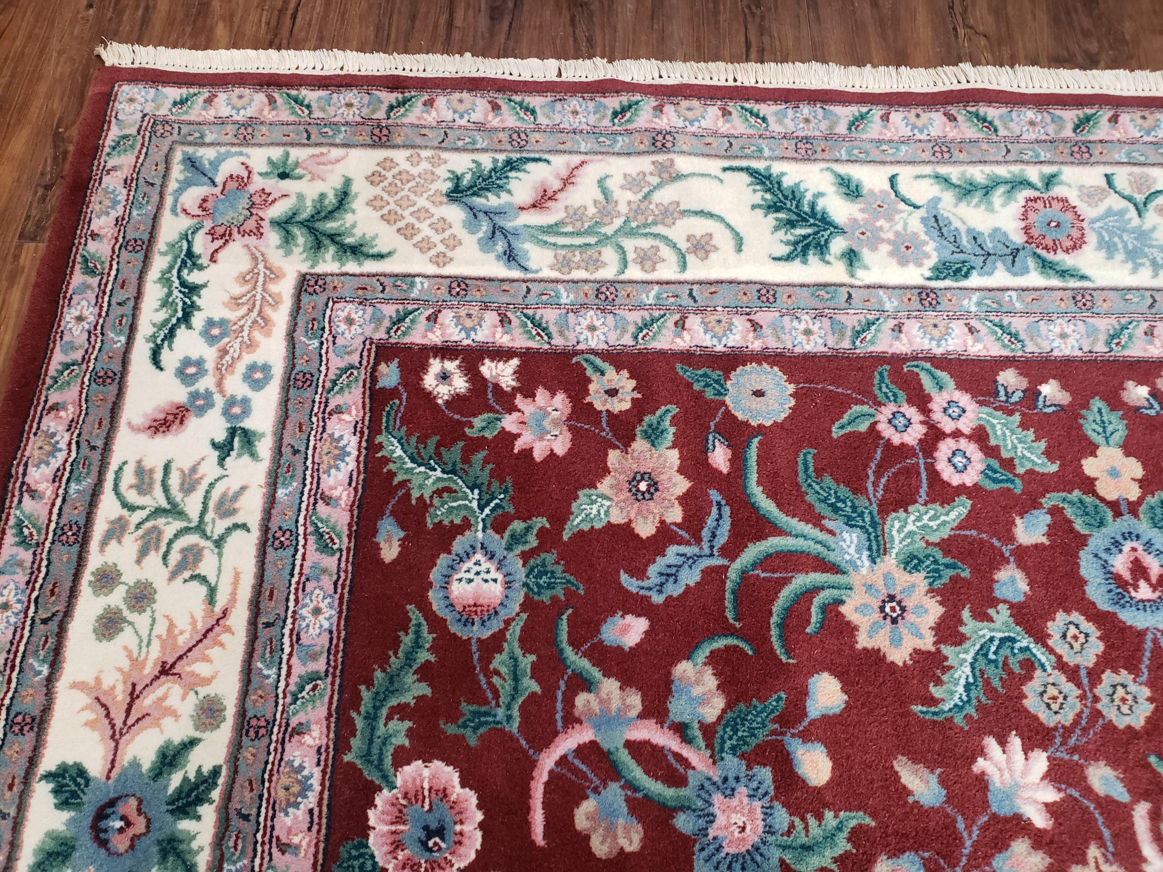 Indo Persian Rug 7.9 x 9.9 ft, Room Sized Indian Carpet, Wool Handmade Vintage Rug, Allover Floral Rug, Traditional Rug, Red Ivory Blue 8x10 - Jewel Rugs