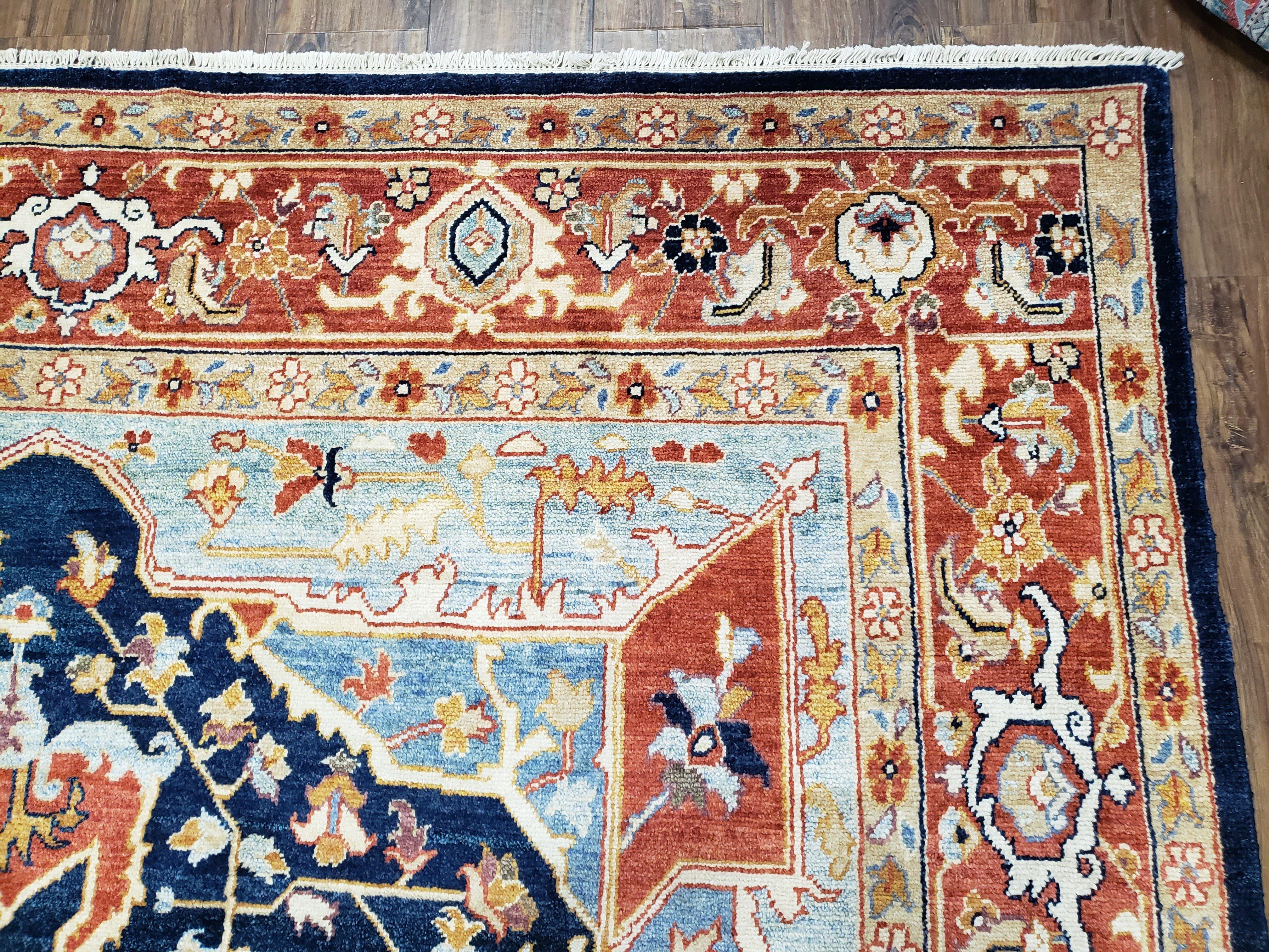 Safavieh Samarkand Heriz Rug 8x9 ft, Colorful Serapi Room Sized Hand-Knotted Wool Carpet, Tribal Rug, Vintage Oriental Rug, Navy Blue & Red - Jewel Rugs