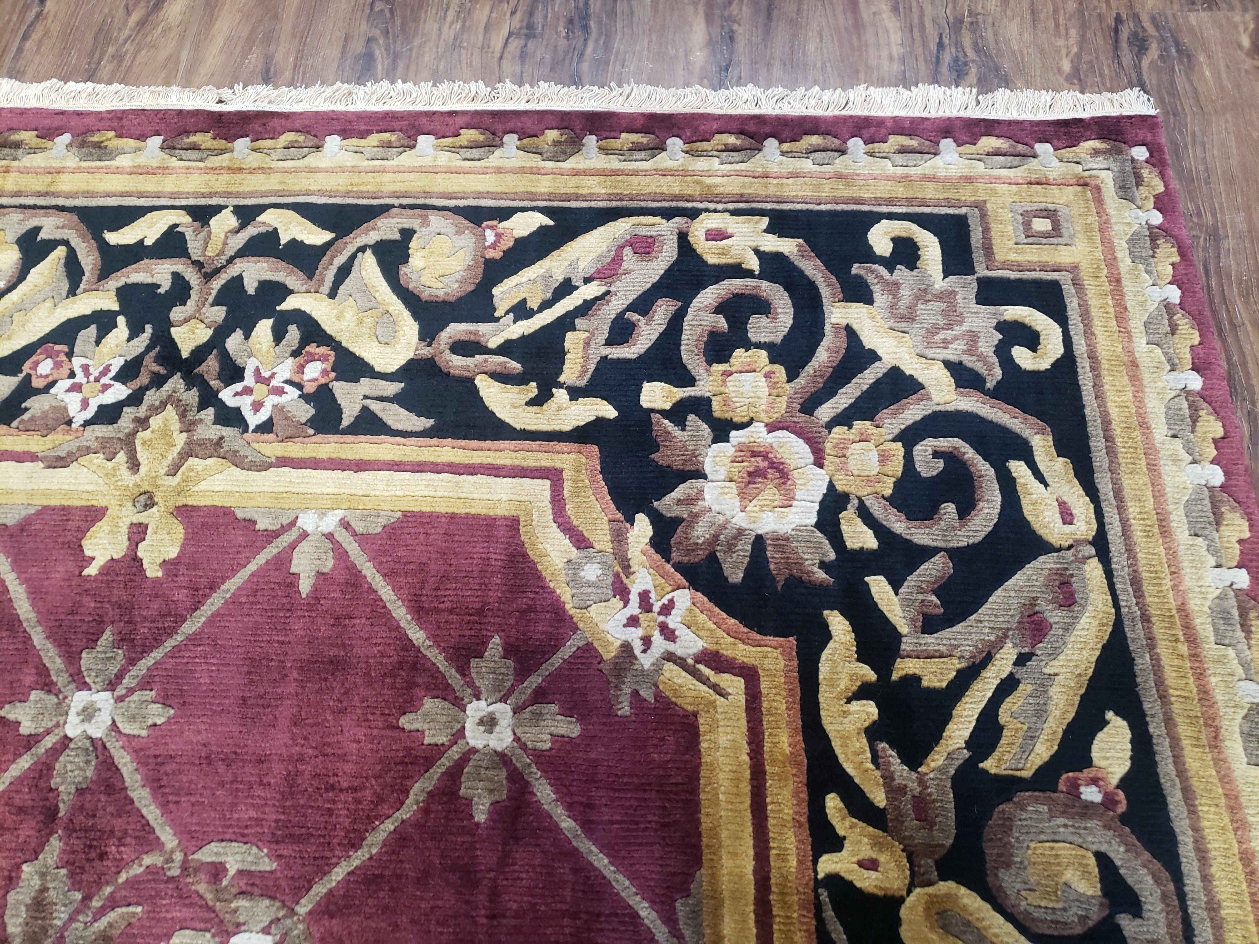 Vintage Nepalese Aubusson Area Rug 6x9, Pure Wool Hand-Knotted Black & Hibiscus Red Tibetan Carpet, Soft Plush Pile, 6 x 9 Savonnerie Rug - Jewel Rugs