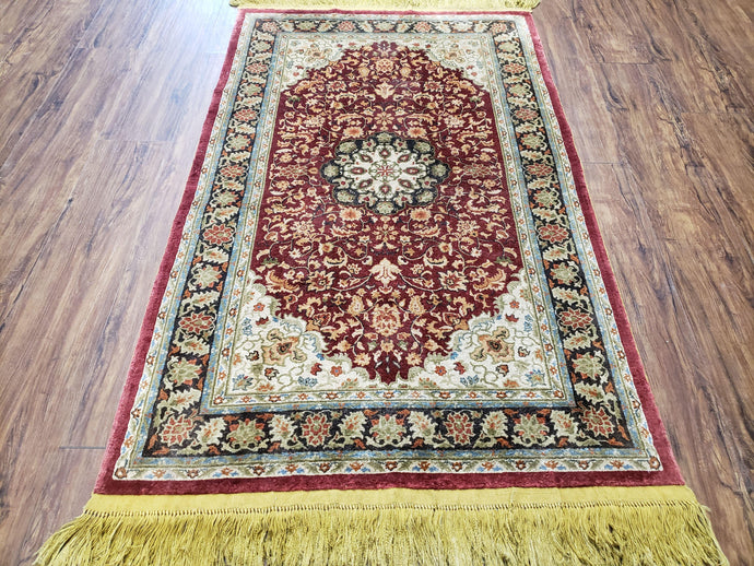 3x5 Silk Hand-Knotted Rug, Silk Oriental Carpet 5 x 3, Red & Ivory, Floral Medallion, Gold Fringes, Semi Antique Vintage Traditional Rug - Jewel Rugs
