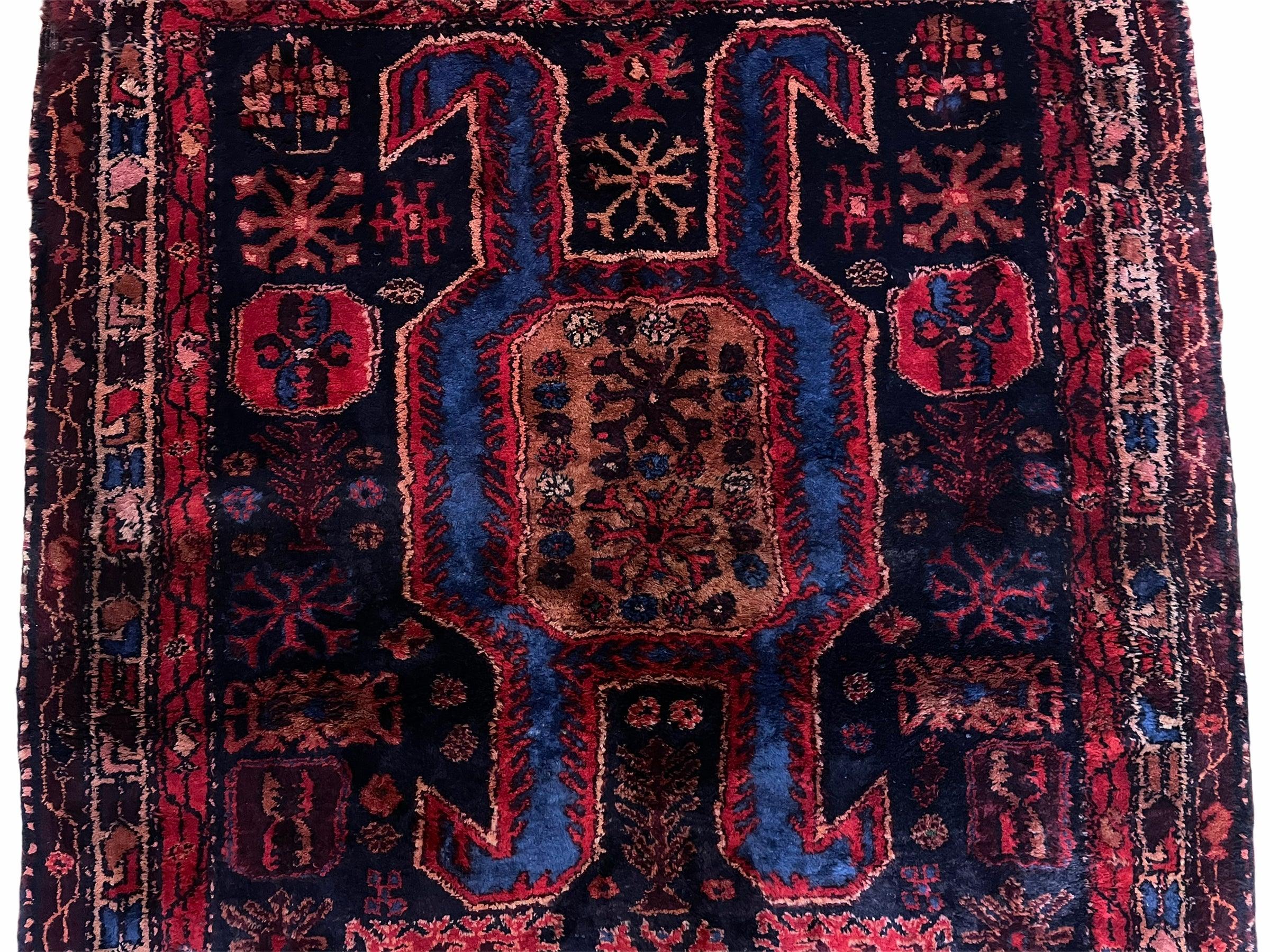 4 X 6 Antique Handmade Wool Tribal Hand-Knotted Rug Geometric Blue Red Veg Dyes - Jewel Rugs