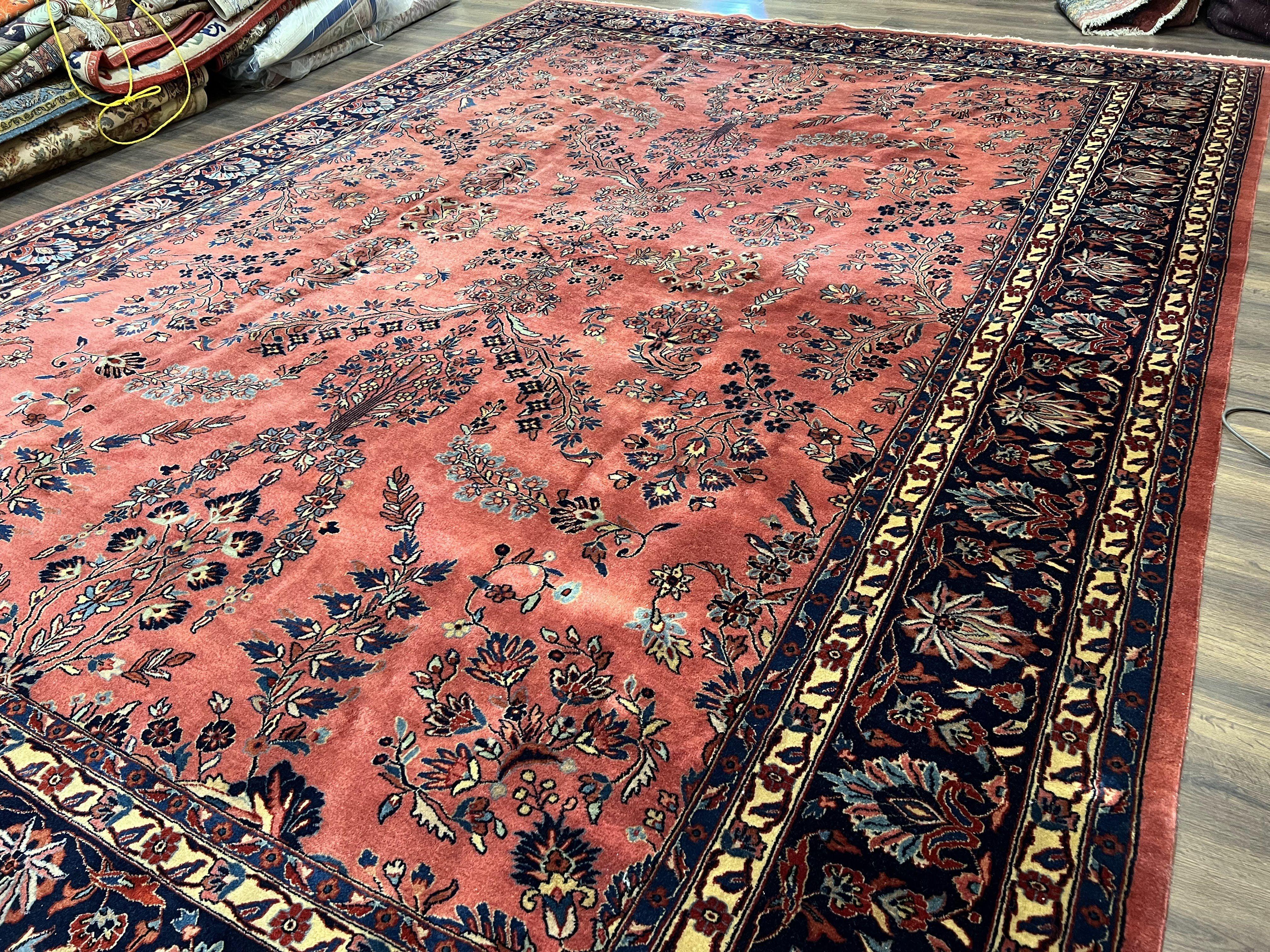 Indo Sarouk Rug 10x14, Vintage Indian Persian Area Rug 10 x 14, Wool Hand-Knotted Oriental Carpet, Red Floral Allover Large Rug, Beautiful - Jewel Rugs