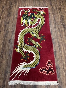 Vintage Chinese Dragon Rug 3 x 6.8, Handmade Hand Knotted Red Chinese Carpet with Gold Dragon, Art Deco Peking Soft Chinese Rug Runner - Jewel Rugs