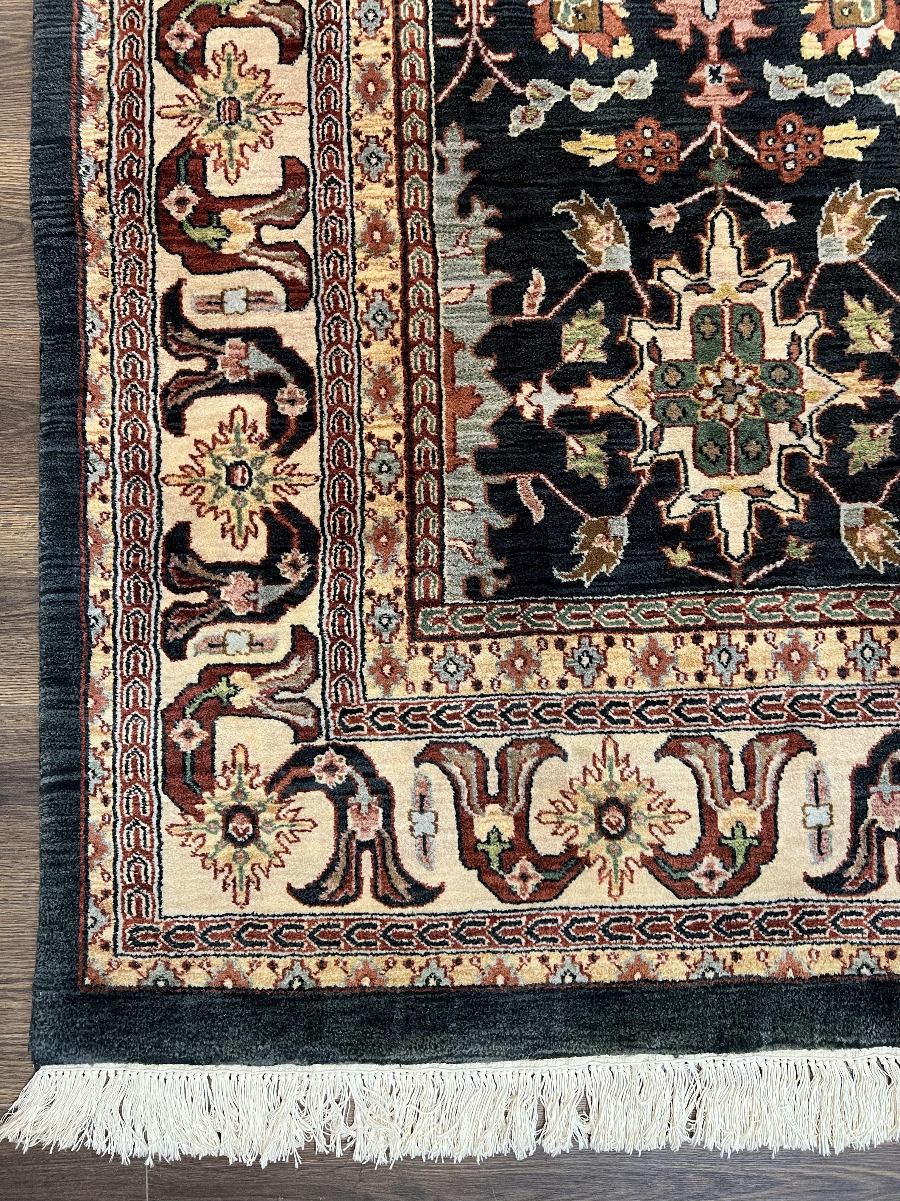 Indo Persian Mahal Rug 9x12, Dark Green and Cream Hand Knotted Wool Oriental Carpet, Floral Allover, Vintage Traditional Handmade Room Sized - Jewel Rugs