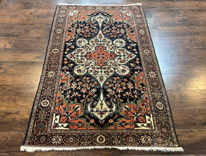 Antique Persian Sarouk Rug 4x7, Sarouk Farahan Carpet, 1880s Antique Oriental Rug, Late 19th Century, Handmade, Medallion, Cream Navy Red