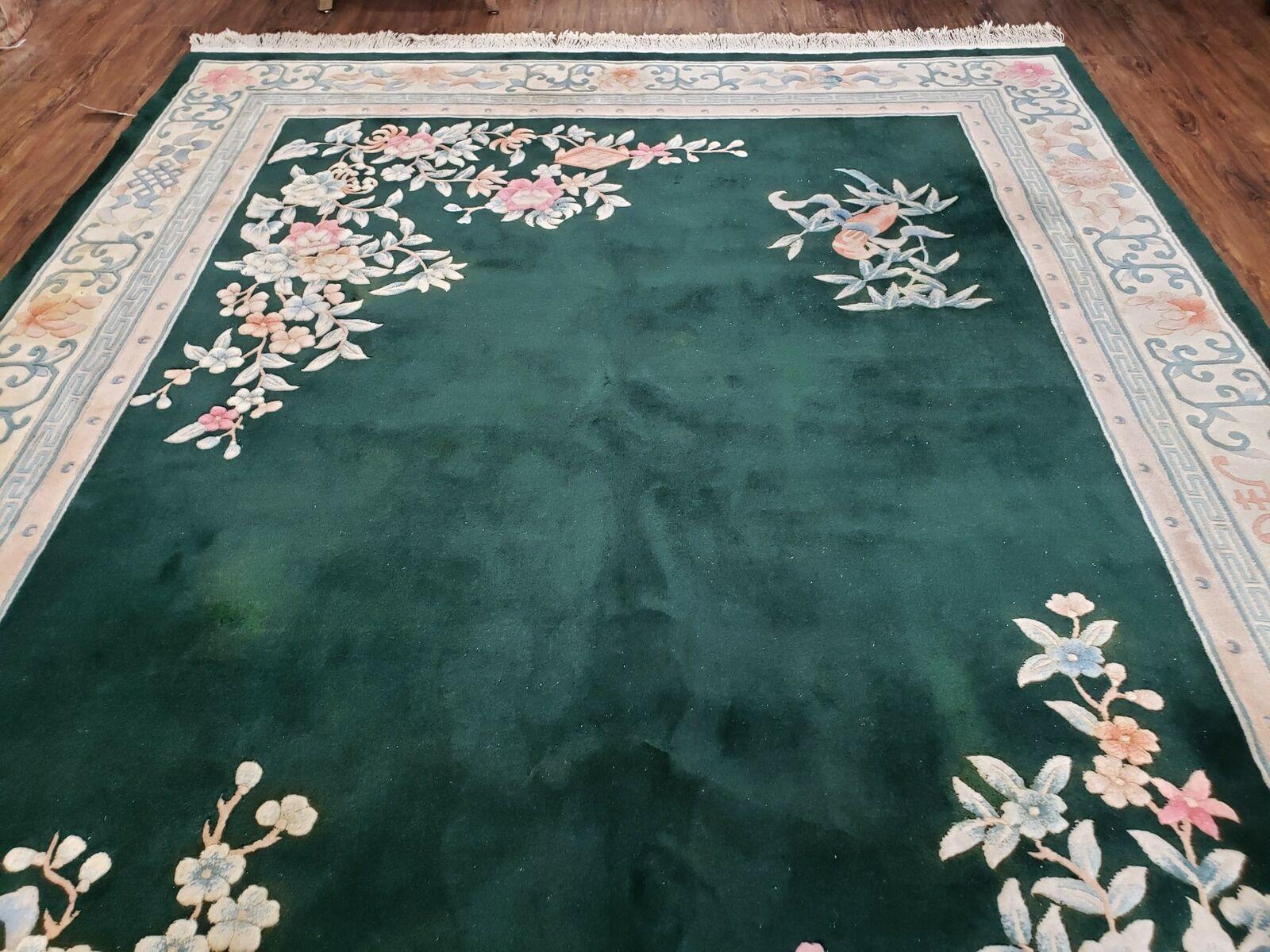 Chinese Wool Rug 8x11 Vintage Handmade Carved Sculpture Carpet Dark Green Floral - Jewel Rugs