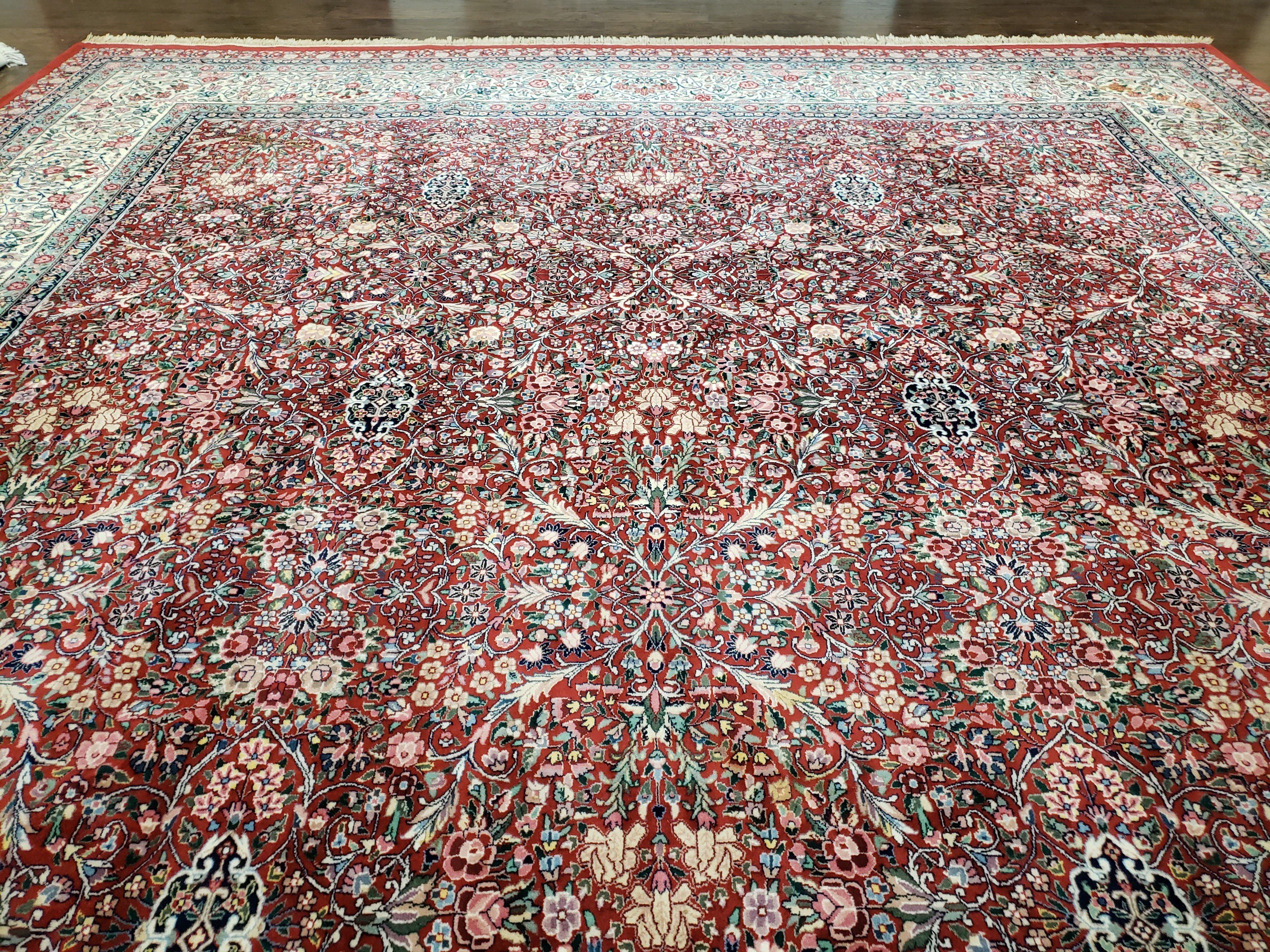 Oversized Pak Persian Rug 11x15, Large Wool Palace Carpet, Red and Ivory, Millefleur Allover Floral Pattern, Vintage Handmade Oriental Rug - Jewel Rugs