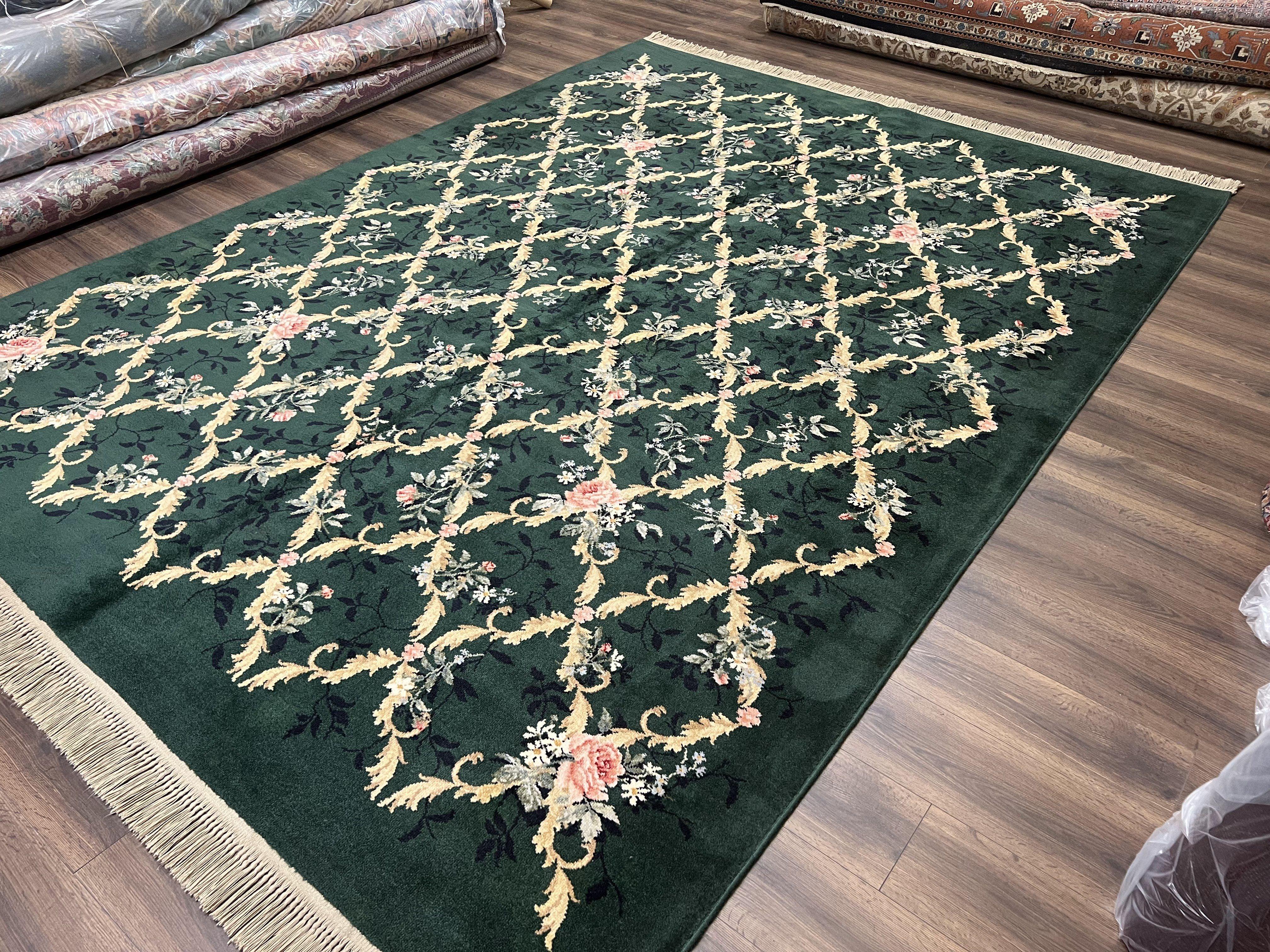 Karastan Garden of Eden Rug 8.8 x 11.8, Green Savonnerie 509/1733, Original Discontinued Karastan Rug, Floral Panel Wool Rug, Vintage Carpet - Jewel Rugs