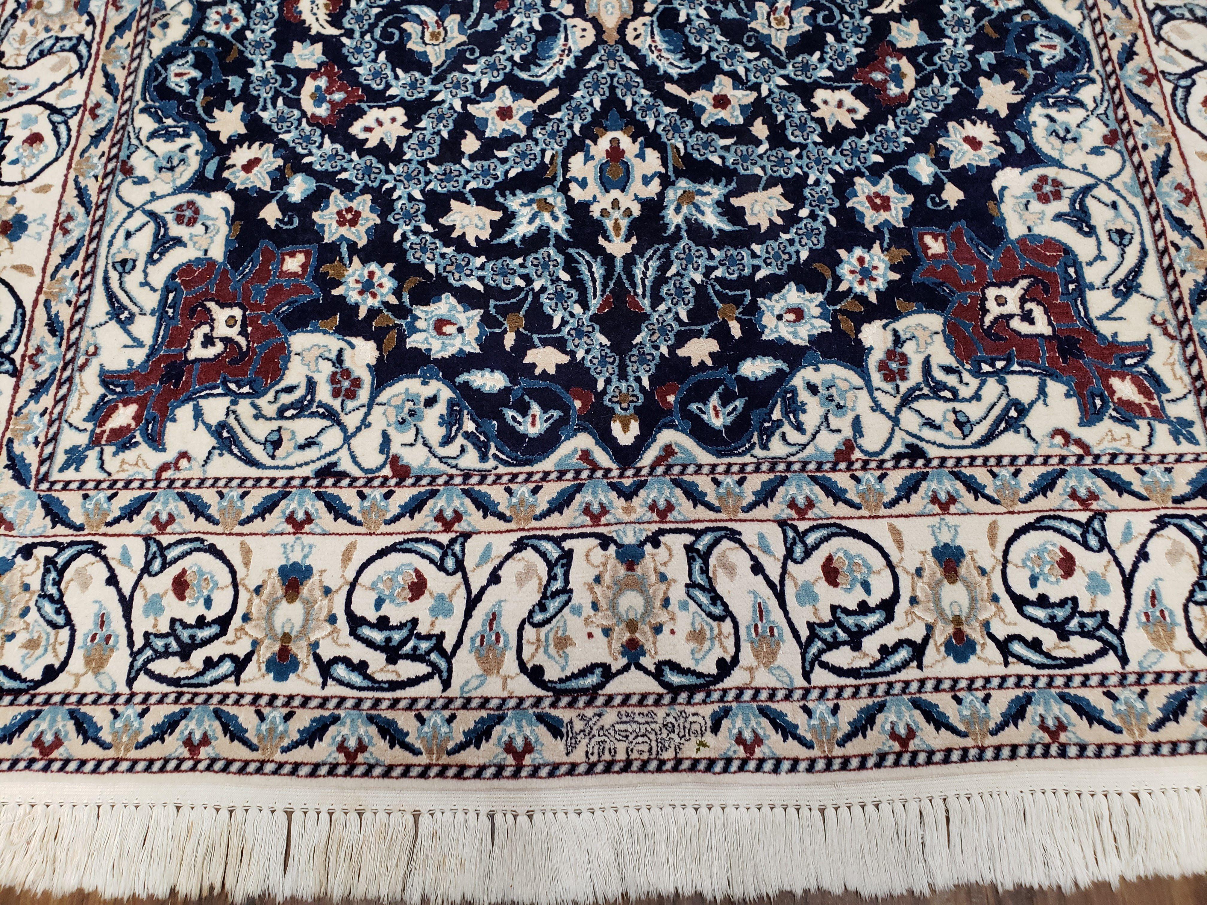 Persian Nain Rug, Lachak Toranj Design, Wool with Silk Highlights, Floral Medallion, Hand-Knotted, Blue & Ivory, 5' x 8' 4" - Jewel Rugs