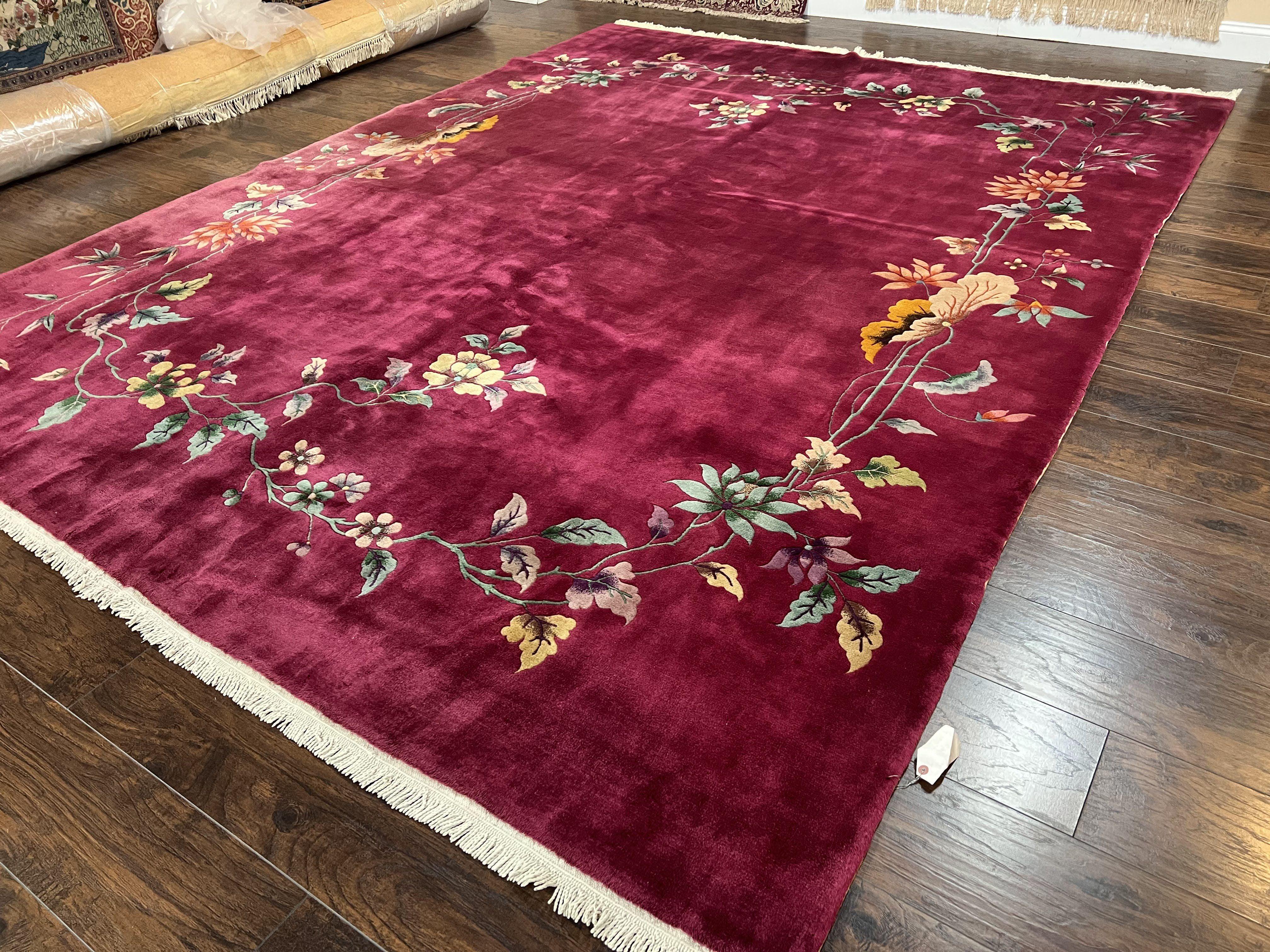 Antique Chinese Art Deco Rug 8.9 x 11.5, Chinese Nichols Carpet Purple/Red, Hand Knotted Wool Area Rug 9x12 Open Field Simple Design Flowers - Jewel Rugs