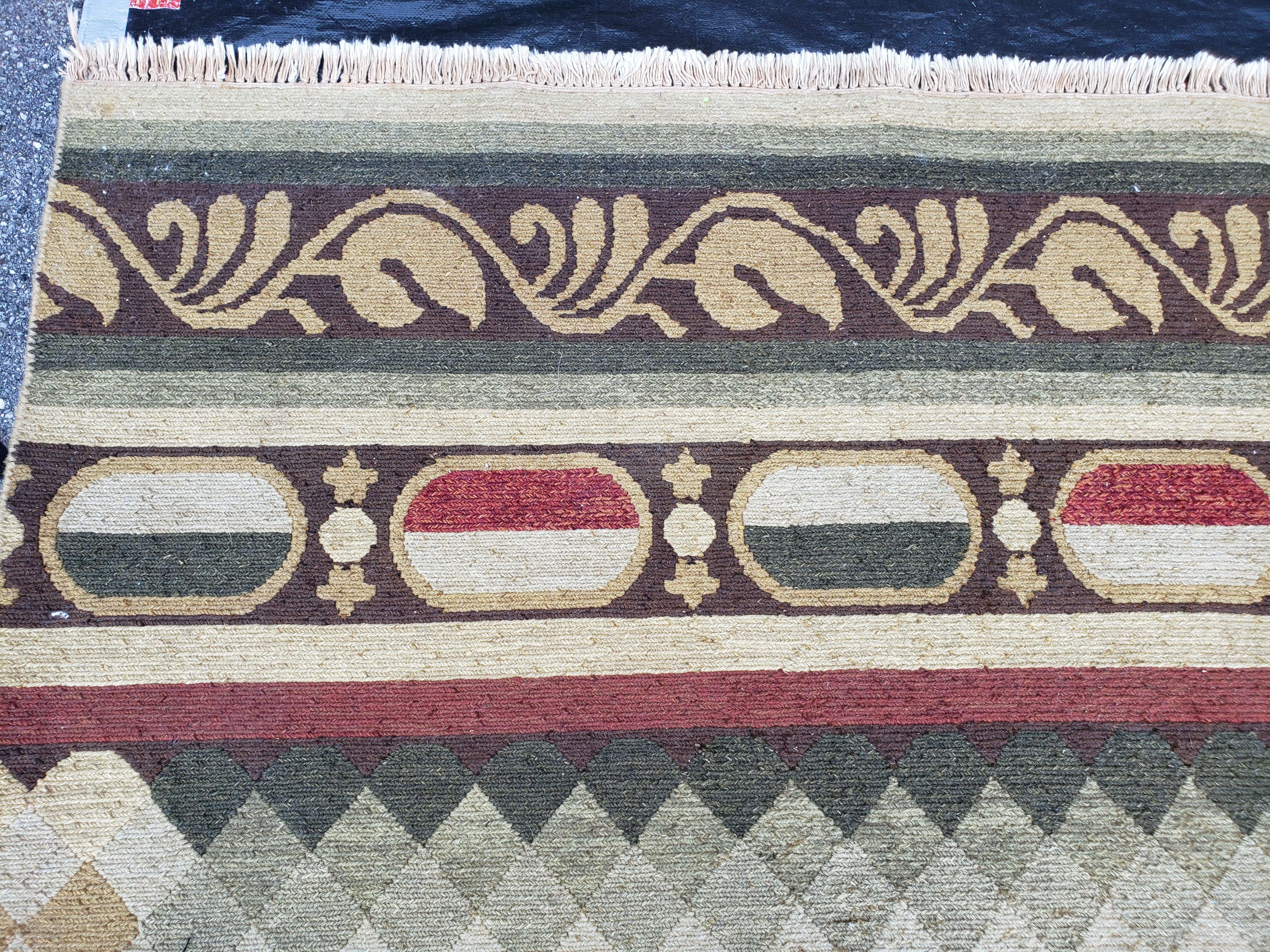 Large Vintage Striped Rug, Handmade, Earth Tone Decor, Beiges Slate Gray Dark Red, Flatweave Indian Striped Carpet, Indian Kilim 10x14, Wool - Jewel Rugs