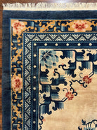 Chinese Peking Rug 9x12, Large Asian Oriental Carpet, Semi Antique Vintage Cream and Navy Blue Hand Knotted Wool Chinese Area Rug 9 x 12 ft - Jewel Rugs