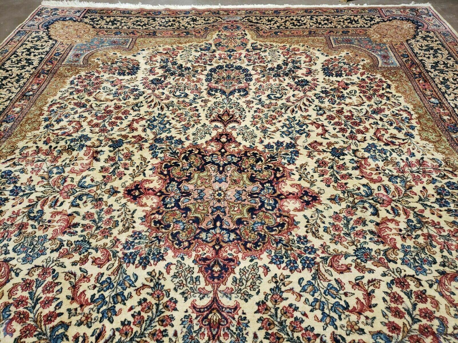 8' X 10' Vintage Persian Allover Floral Design Kirman Area Rug Fine Top Quality Hand-Knotted Wool Beige Sky Blue Veg Dye - Jewel Rugs