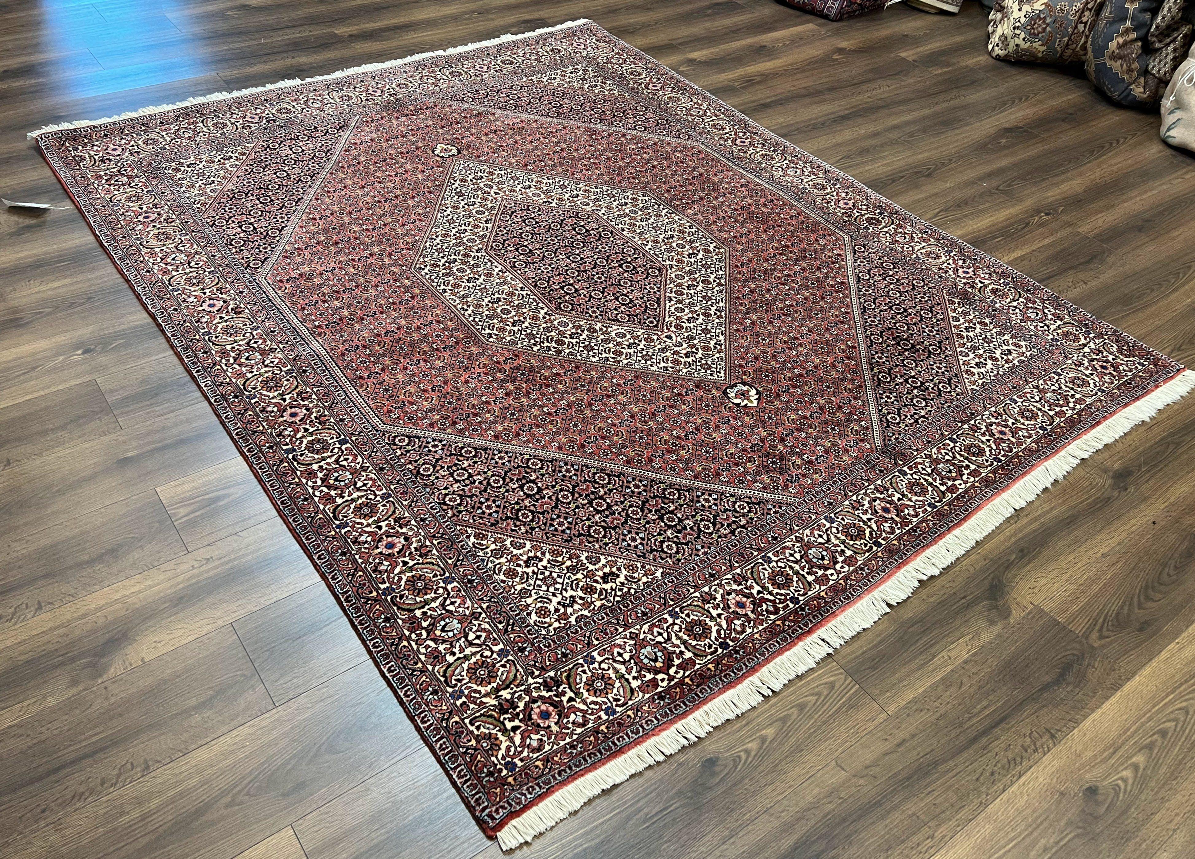 Wonderful Persian Bidjar Rug 7x8 ft, Almost Square Oriental Carpet, Herati Mahi, Highly Detailed, Ivory Red Navy Blue, Very Fine Handmade Bijar Rug - Jewel Rugs