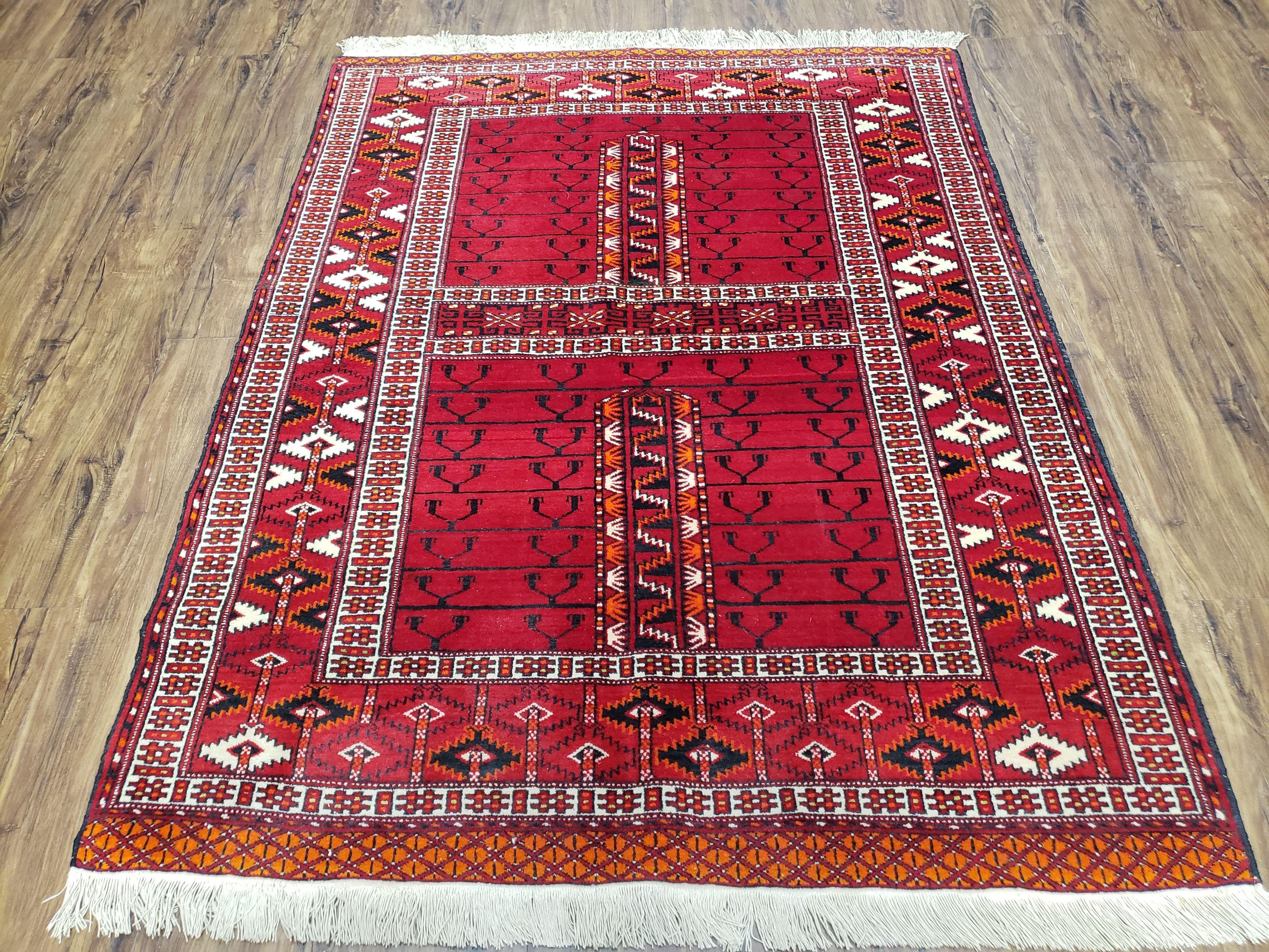 Antique Persian Turkoman Rug 4x5, Hatchli Tekkeh Ersari Red Tribal Rug, Handmade Wool Oriental Carpet, Four Seasons Rug - Jewel Rugs