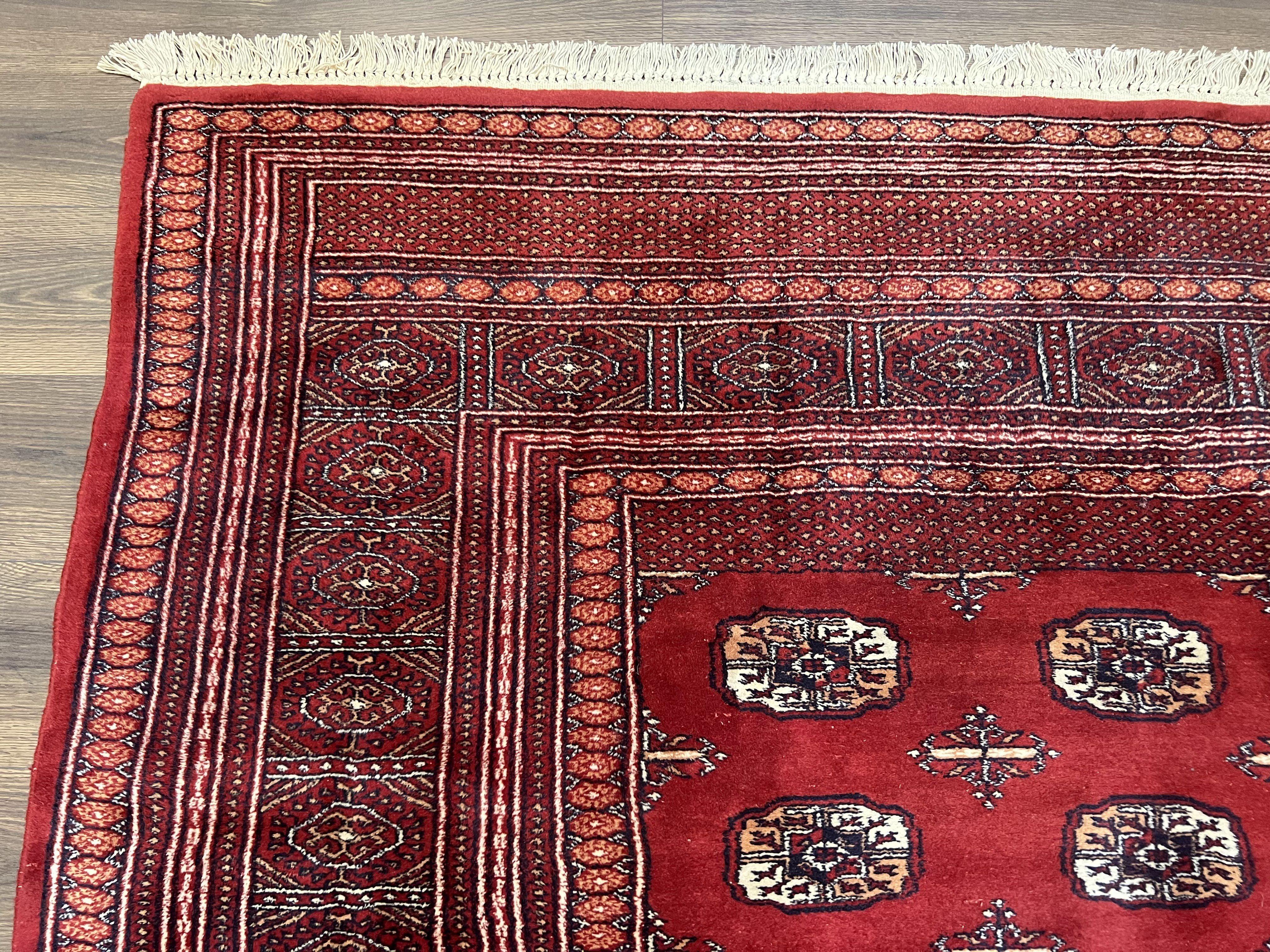 Turkoman Bukhara Rug 8x10, Vintage Bokhara Carpet 8 x 10, Red and Black, Hand Knotted Wool Area Rug, Pakistani Turkmen Rug, Living Room Rug - Jewel Rugs