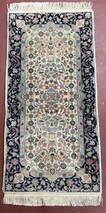 Small Indo Persian Kirman Rug 2x4, Floral Allover Cream and Midnight Blue Mini Persian Carpet, Vintage 1970s Handmade Wool Quality Rug - Jewel Rugs
