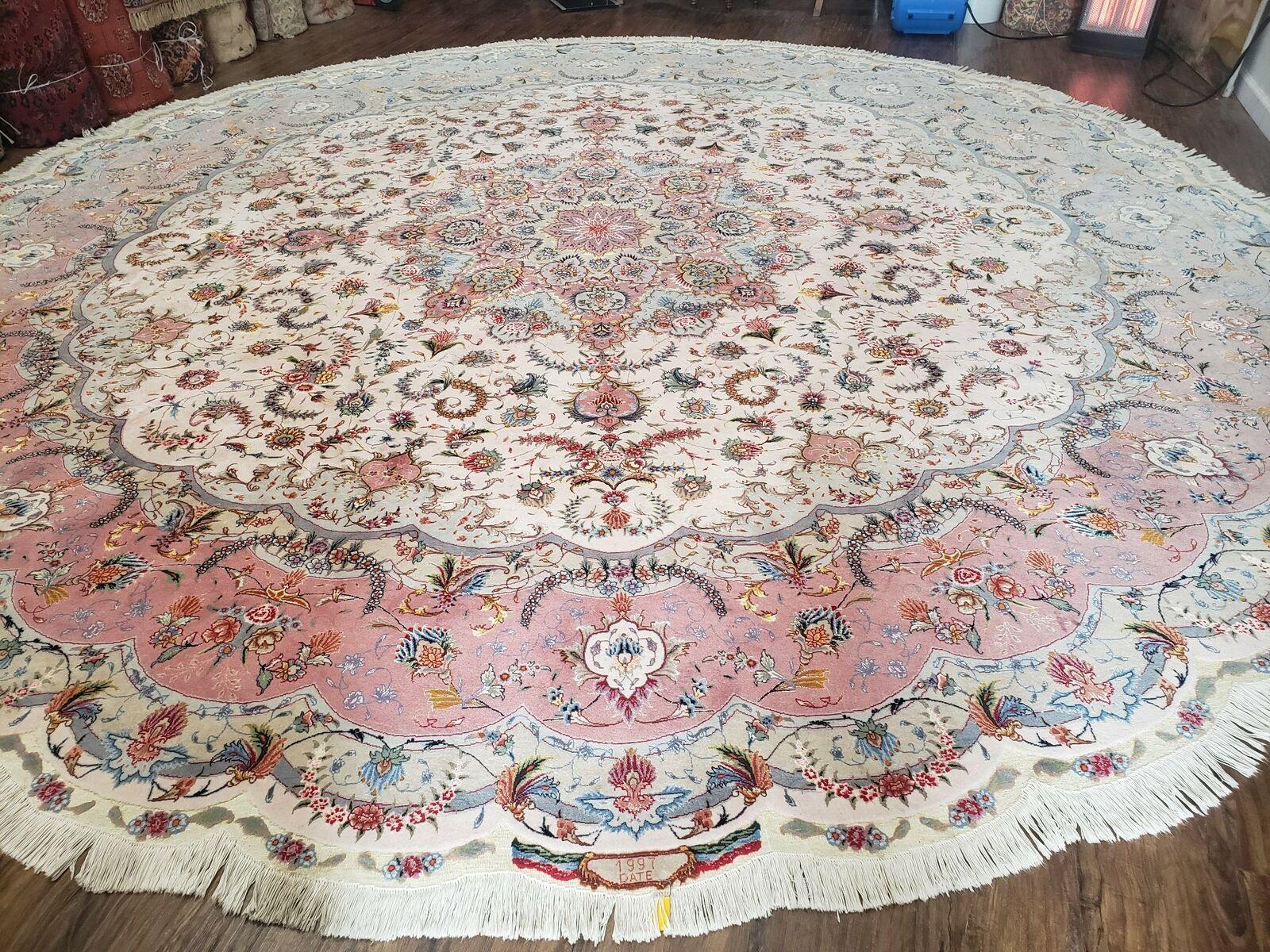 13' X 13'6" Authentic Fine Handmade Persian Tabriz Wool & Silk Rug Signed Oval Round Ivory Pink Wow - Jewel Rugs