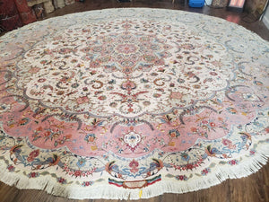13' X 13'6" Authentic Fine Handmade Persian Tabriz Wool & Silk Rug Signed Oval Round Ivory Pink Wow - Jewel Rugs