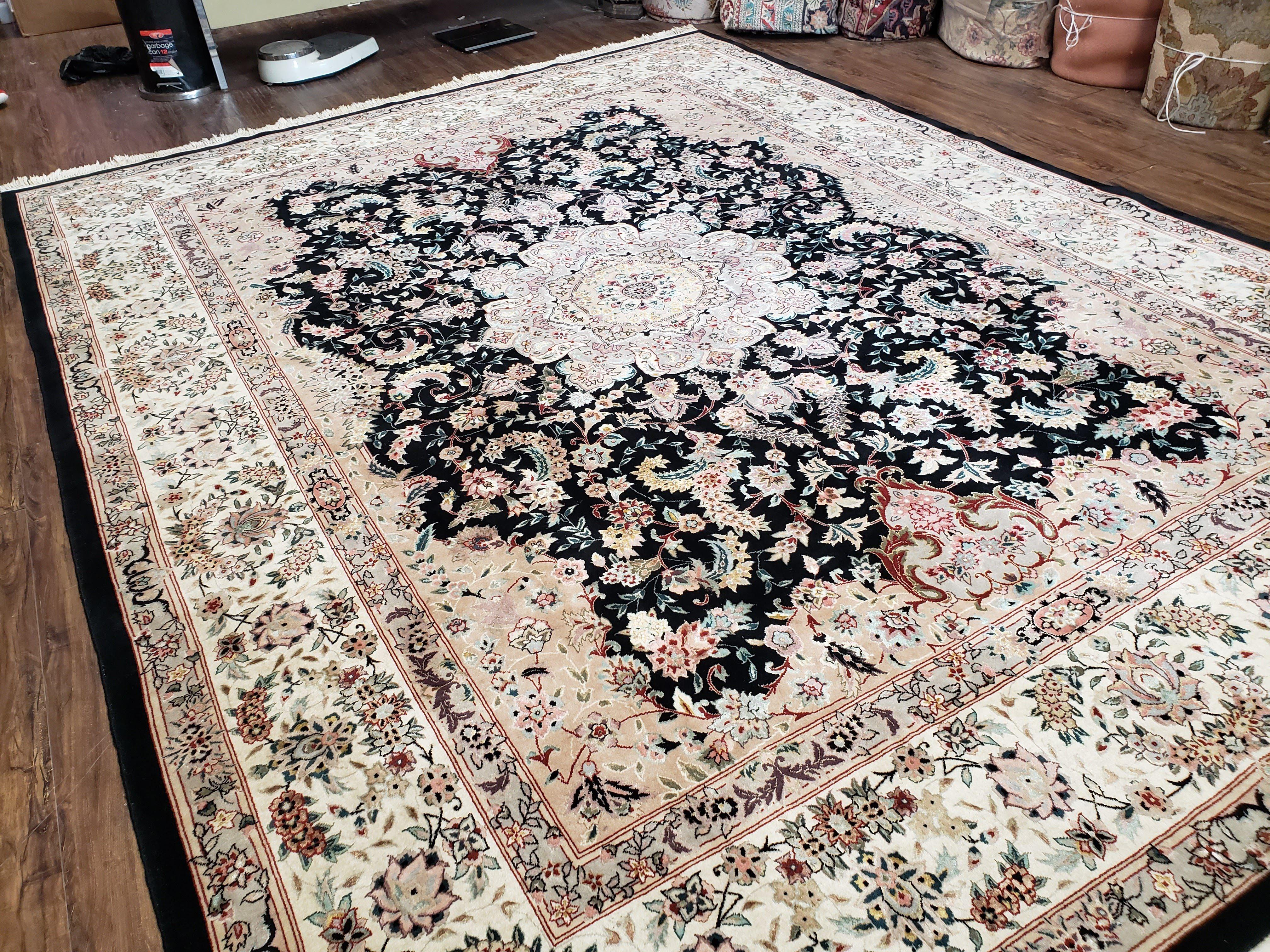 Stunning Sino Persian Rug 8x10, Elegant High Quality Handmade Carpet, Wool and Silk, Medallion with Corner Design, Floral, Black Ivory, Fine - Jewel Rugs