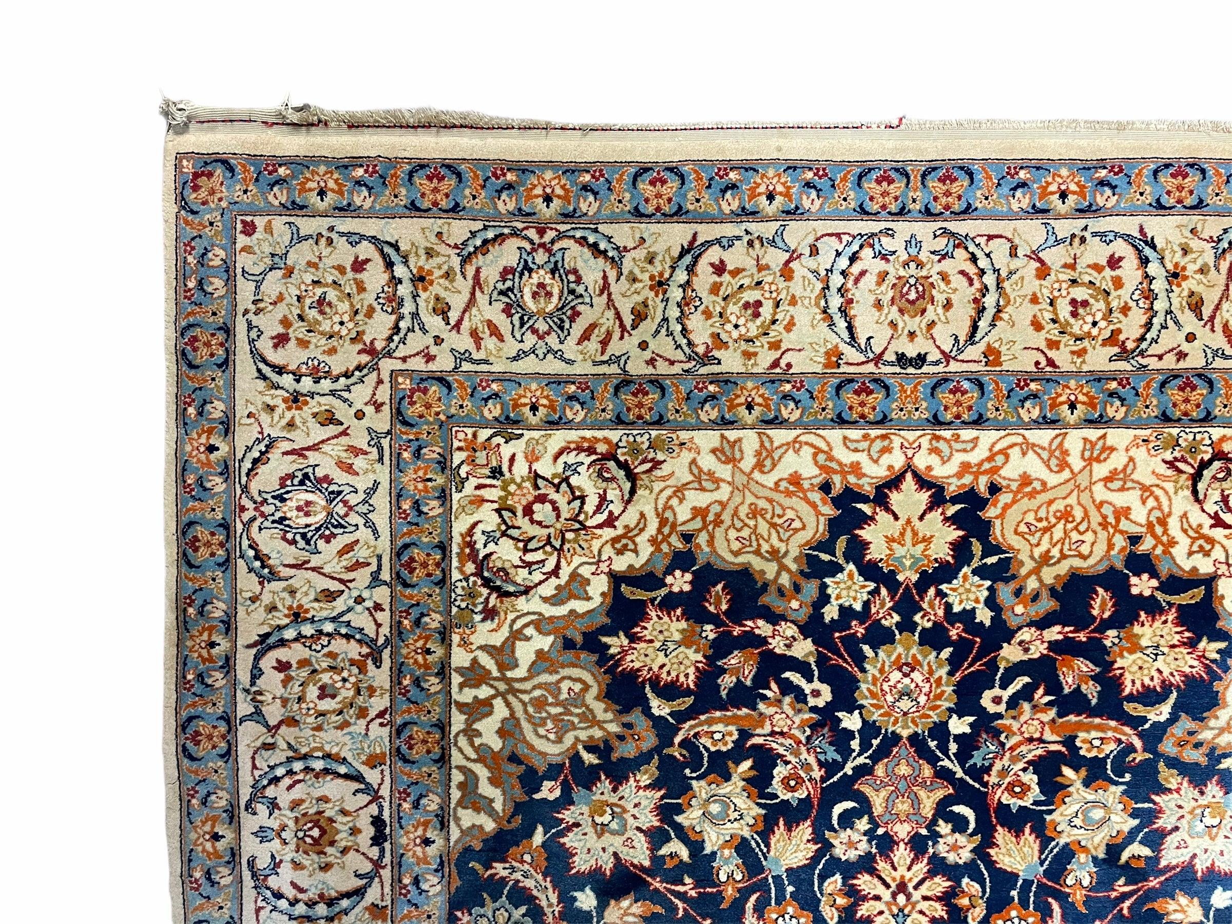 Persian Isfahan Rug 4x5, Navy Blue & Ivory, Wool and Silk Highlights - Jewel Rugs