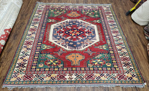 Vintage Turkish Kazak Area Rug, 6ft Square Rug, 6x6 Square Oriental Carpet, Hand-Knotted, Wool, Bold Colors, Red Blue Green, Geometric Rug - Jewel Rugs