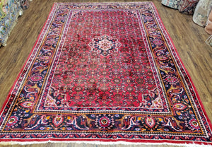 Vintage Persian Hamedan Dargazin Rug, Red, Hand-Knotted, Wool, 7' x 10' 2" - Jewel Rugs