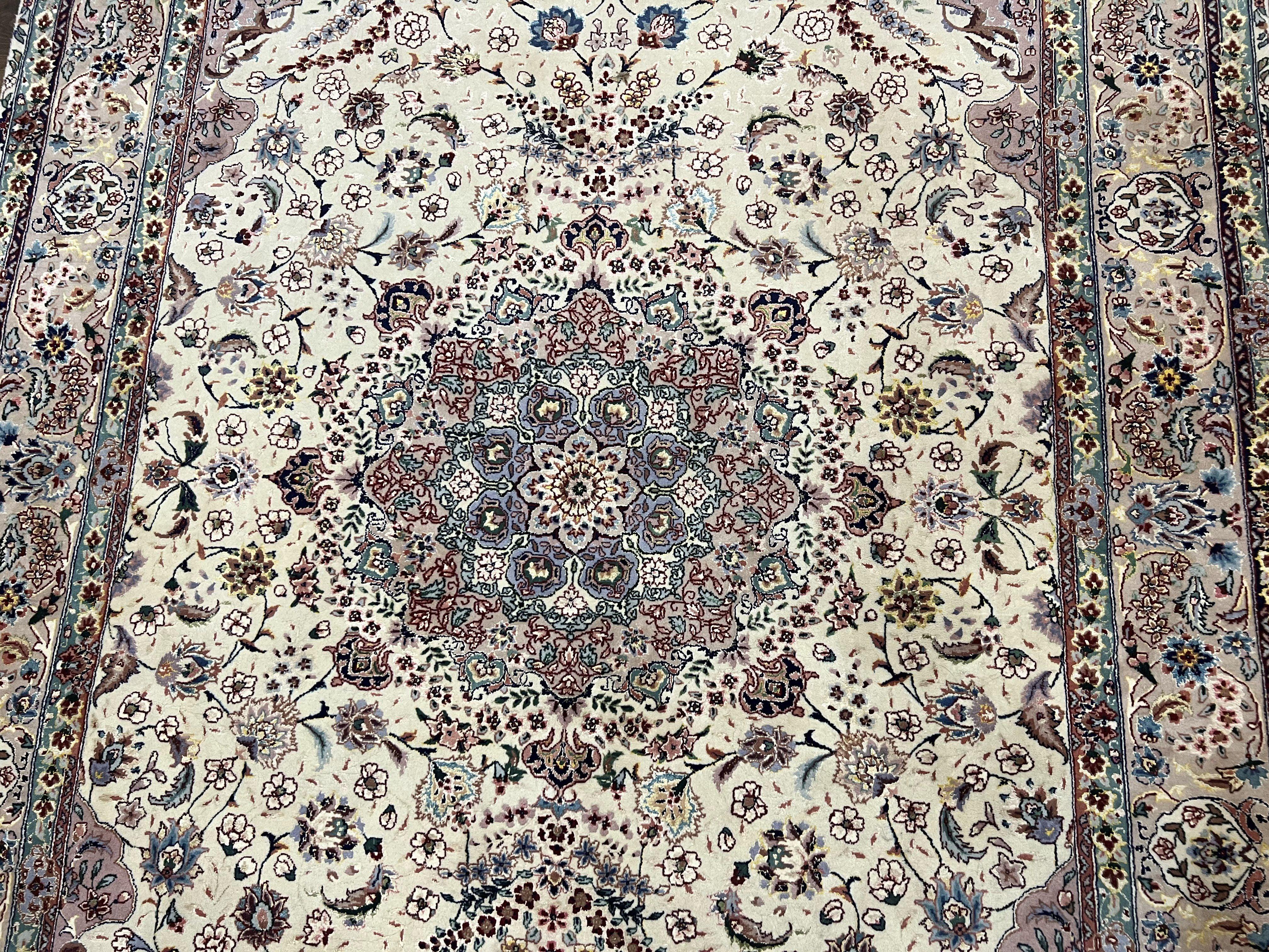 Beautiful Pak Persian Rug 6x9, Floral Medallion, Wool and Silk, Highly Detailed Elegant Carpet, Vintage Oriental Rug 6 x 9, Cream and Gray - Jewel Rugs