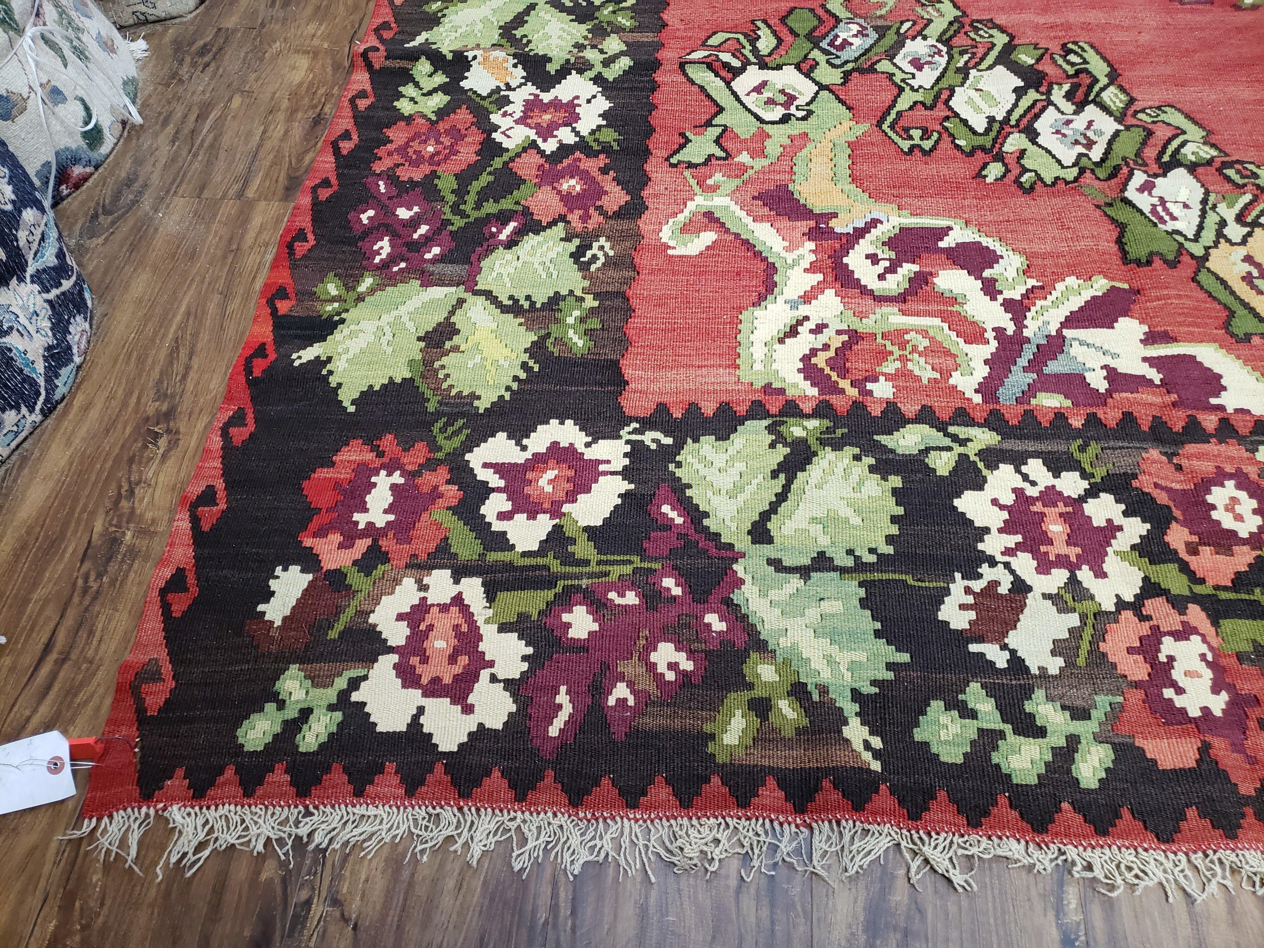 Karabakh Rug 8x11, Caucasian Kilim Rug, Vintage Antique Turkish Anatolian Azerbaijani Carpet, Wool Red & Black Hand-Woven 8 x 11 Living Room - Jewel Rugs