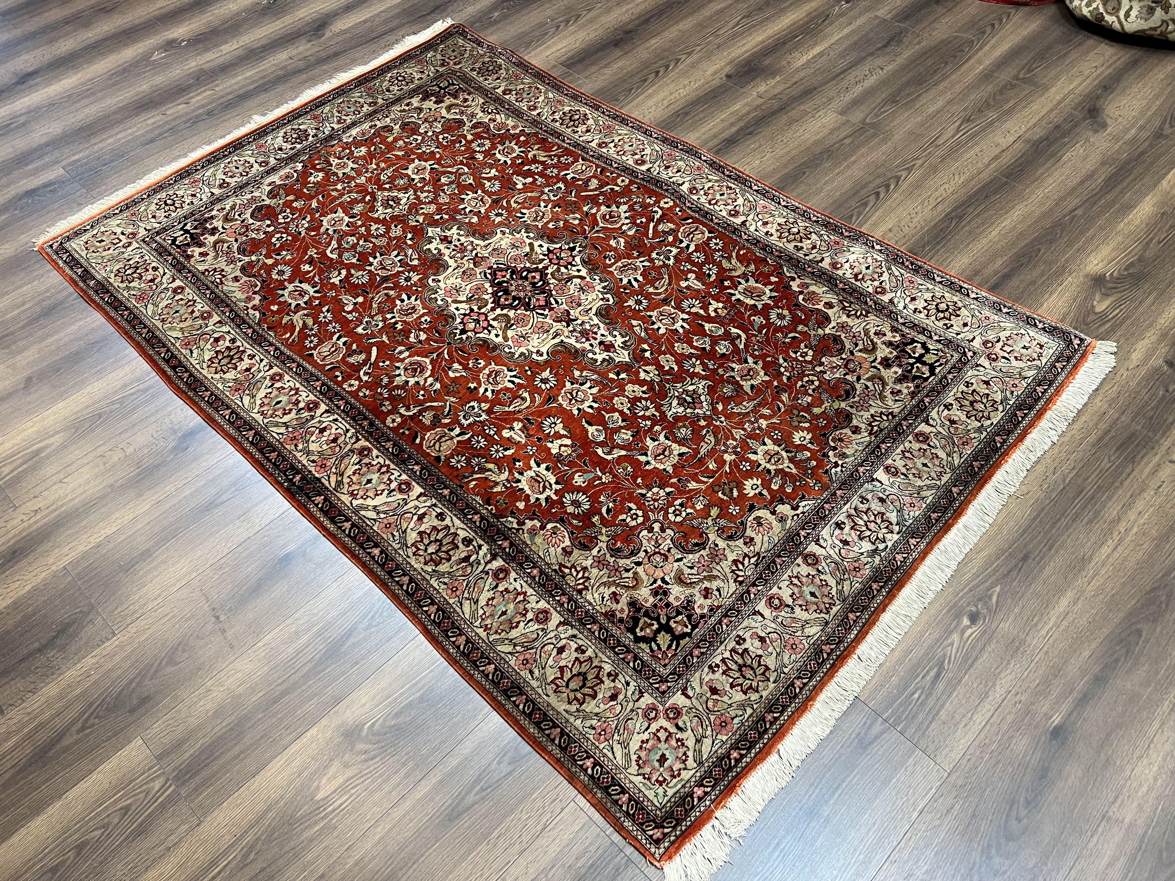 Persian Qum Silk Rug 5x7 - Floral Medallion, Birds, Orange-Red - Jewel Rugs