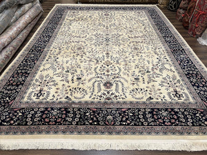 Large Indo Persian Kirman Rug 10x14, Indian Oriental Carpet, Hand Knotted Wool Floral Allover Rug 10 x 14 ft, Ivory Dark Blue, Traditional - Jewel Rugs