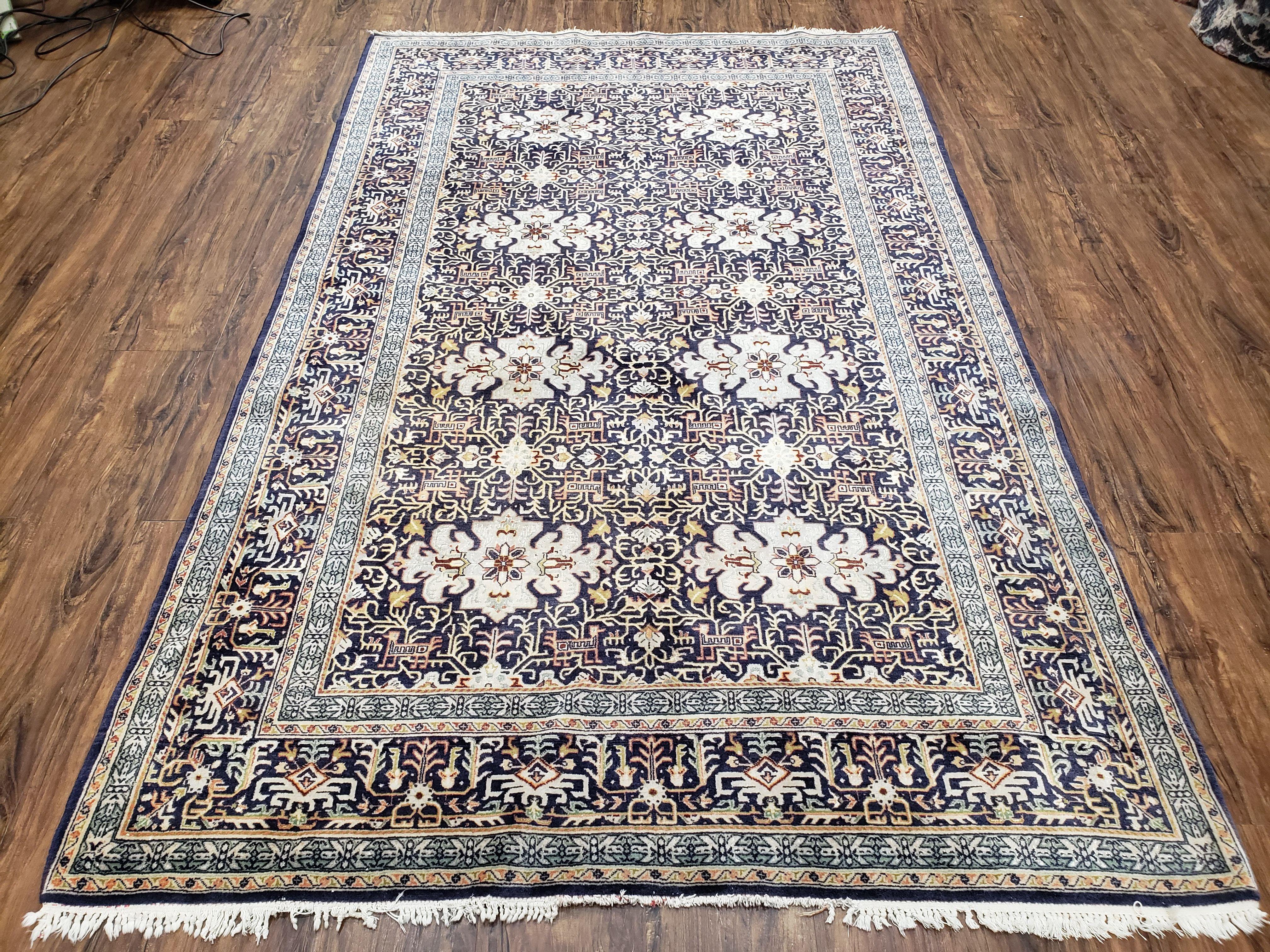 Antique Persian Kashan Rug, Midnight Blue & Ivory, Hand-Knotted, Wool, 4' 8" x 7' 4", Pair B - Jewel Rugs