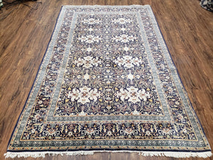 Antique Persian Kashan Rug, Midnight Blue & Ivory, Hand-Knotted, Wool, 4' 8" x 7' 4", Pair B - Jewel Rugs
