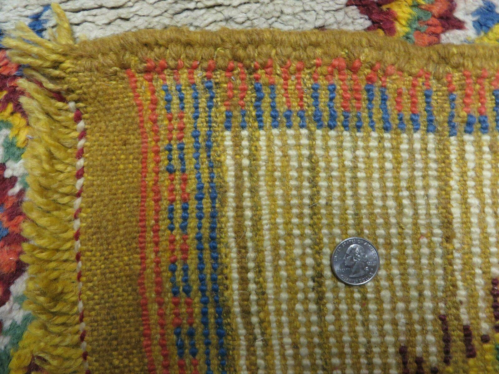 Moroccan Wide Runner Rug 3' 6" x 9', Vintage Azilal Berber Carpet Tribal Runner, Colorful Diamonds Ivory Orange Yellow, Soft Wool Handmade - Jewel Rugs