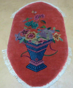 2' X 4' Handmade Antique Chinese Oval Art Deco Nichols Red Wool Rug with Vase & Flowers - Jewel Rugs