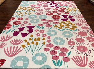 Large Floral Hooked Rug 8x10, Hand Tufted Modern Contemporary Red, Ivory and Multicolor Flowers, Wool Pile, 8 x 10 Area Rug, Living Room Rug - Jewel Rugs