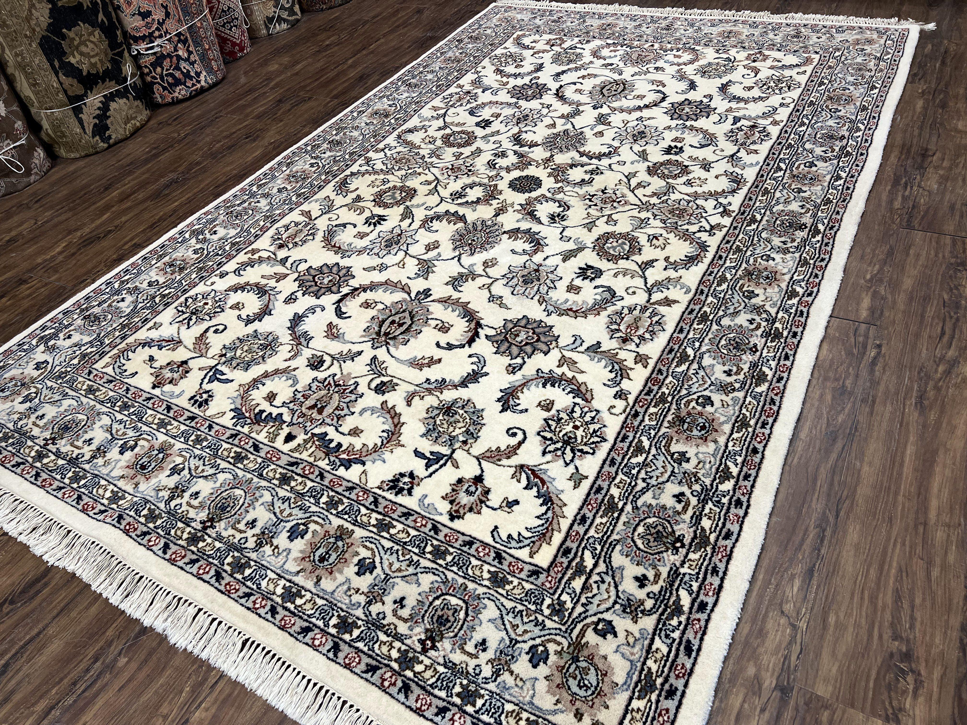 Indian Rug 5.7 x 9, Vintage Oriental Carpet, Handmade Hand Knotted Wool Rug, Living Room Rug, Bedroom Rug, Ivory and Gray, Allover Floral - Jewel Rugs