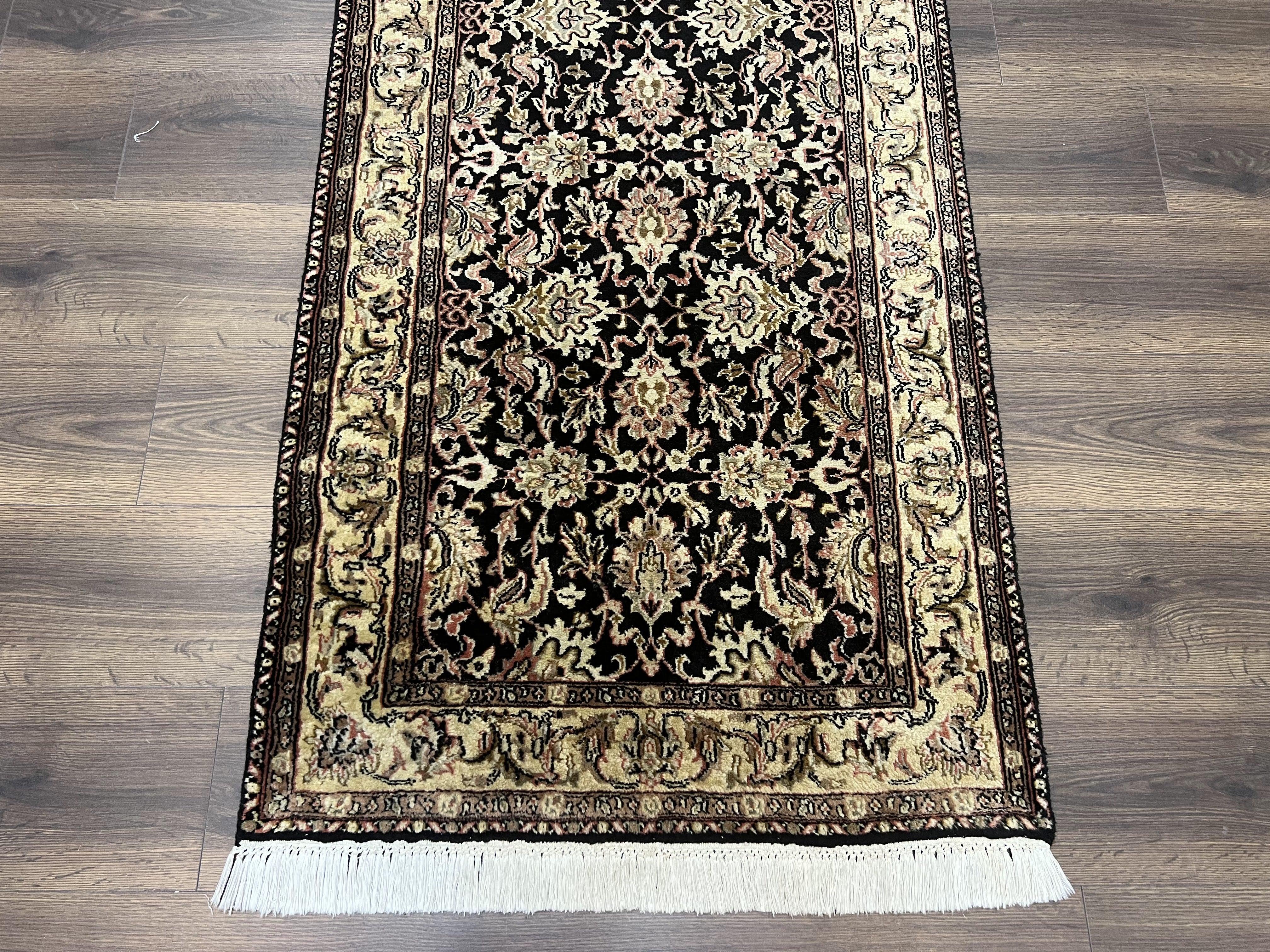 Indo Persian Runner Rug 2.8 x 8, Hand Knotted Wool Oriental Runner, Hallway Rug, Allover Floral, Black and Beige, Vintage Indian Runner - Jewel Rugs