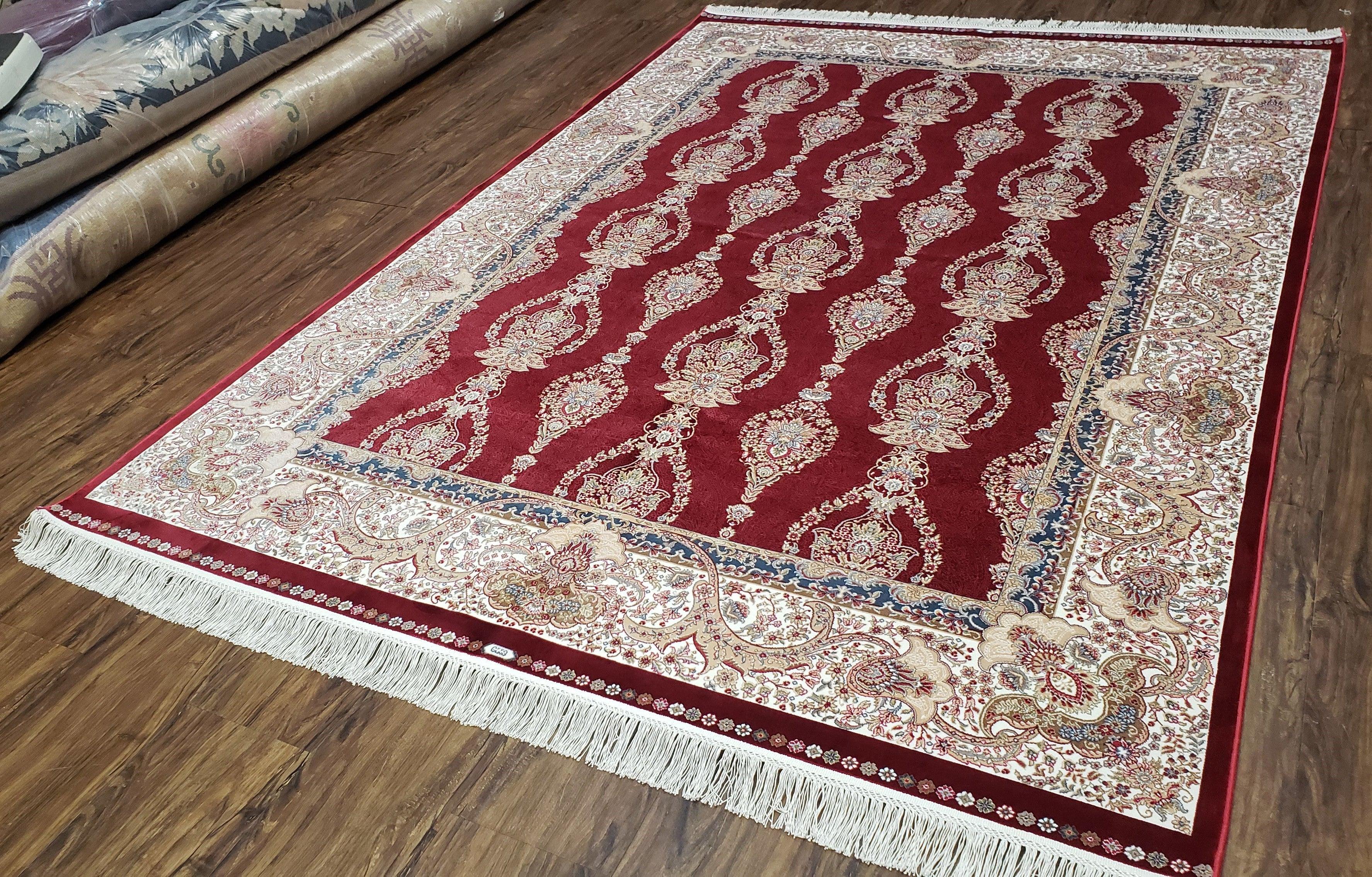 Dark Red Silk Carpet 5.3 x 7.6 ft, 5x8 Silk Rug, New Turkish Silk Carpet, Mint Condition, Beige & Red Area Rug, Bamboo Silk, High Quality - Jewel Rugs