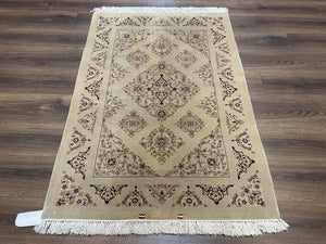 Very Fine Persian Isfahan Rug 3x5 ft with Signature, Kork Wool on Silk Foundation, Gray-Taupe Vintage Hand Knotted Oriental Carpet, 60 Raj 460 KPSI