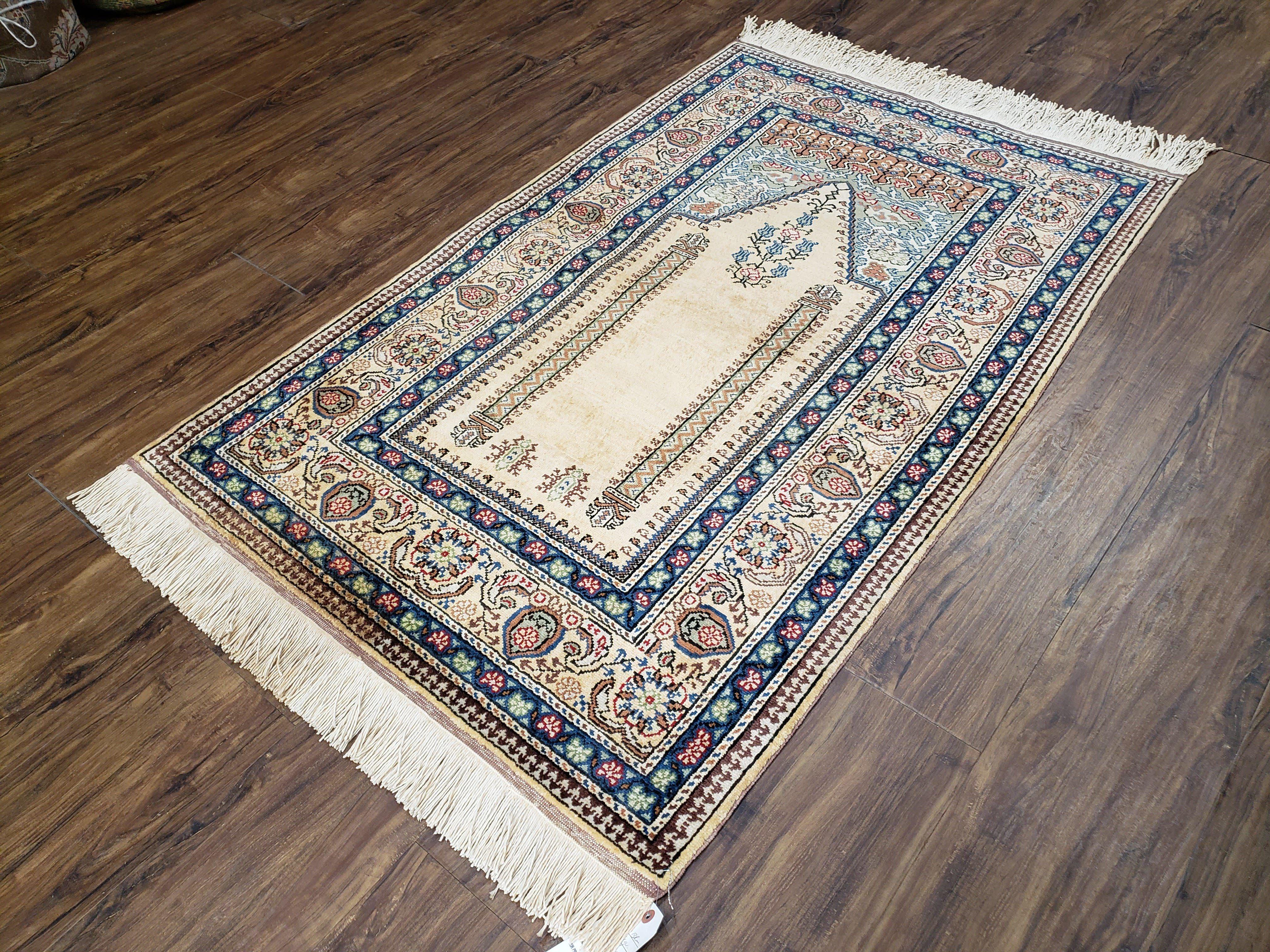 Vintage Silk Turkish Prayer Rug 3x4 - 3x5, Silk on Cotton Hand-Knotted Handmade, Light Yellow & Blue Traditional Small Prayer Carpet - Jewel Rugs