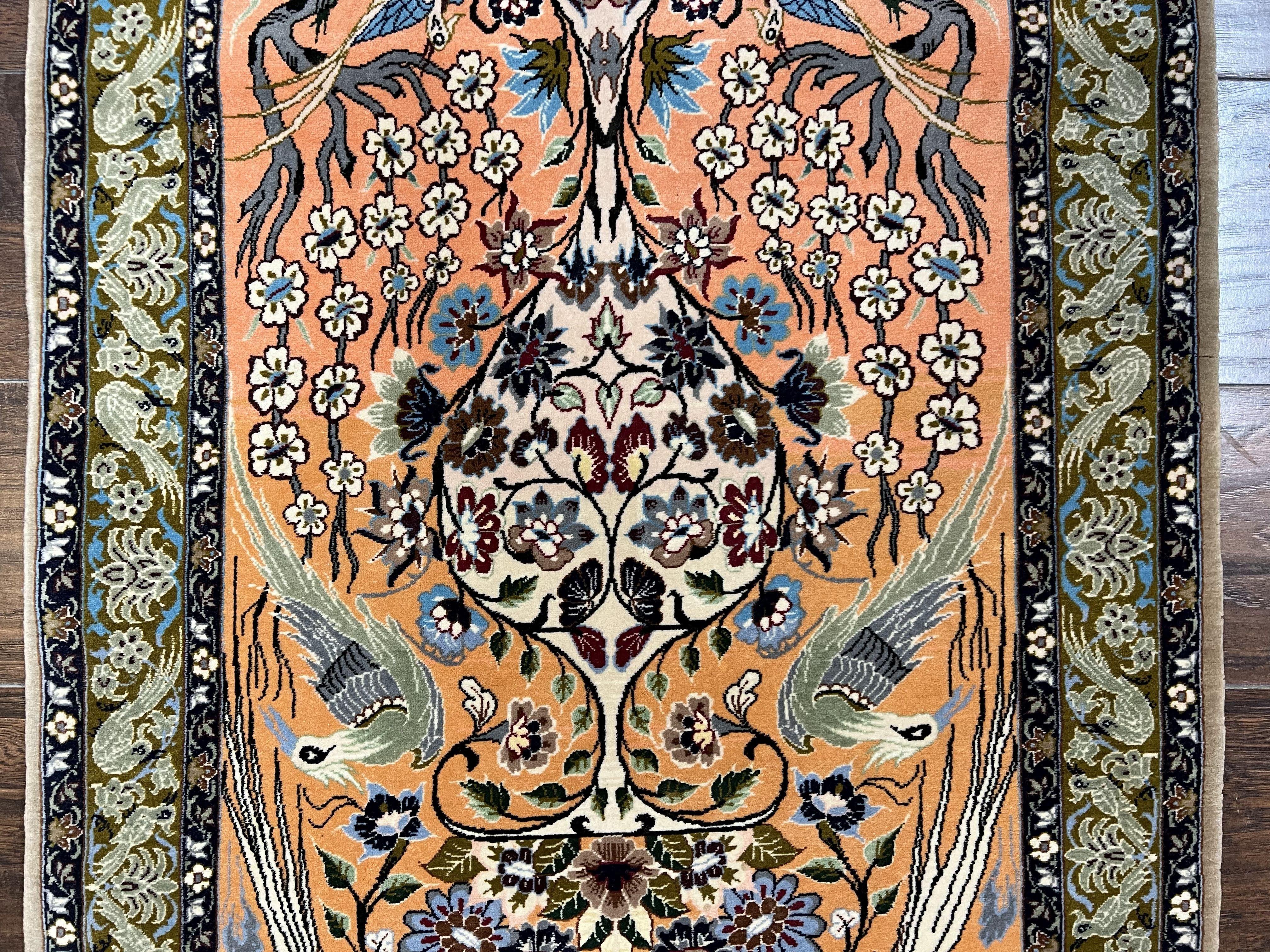 Very Fine Small Persian Isfahan Rug 2.6 x 4, Kork Wool on Silk Hand-Knotted Vintage Animal Pictorials Birds Vase, Signature Masterweaver, Orange - Jewel Rugs