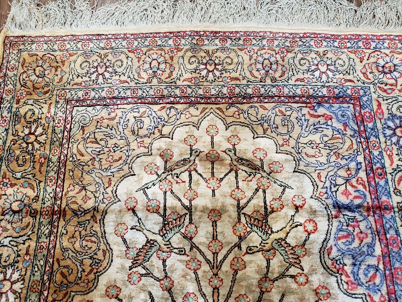 3' X 4'3" Antique Authentic Fine Handmade Turkish Silk Rug Tree Of Life Birds - Jewel Rugs