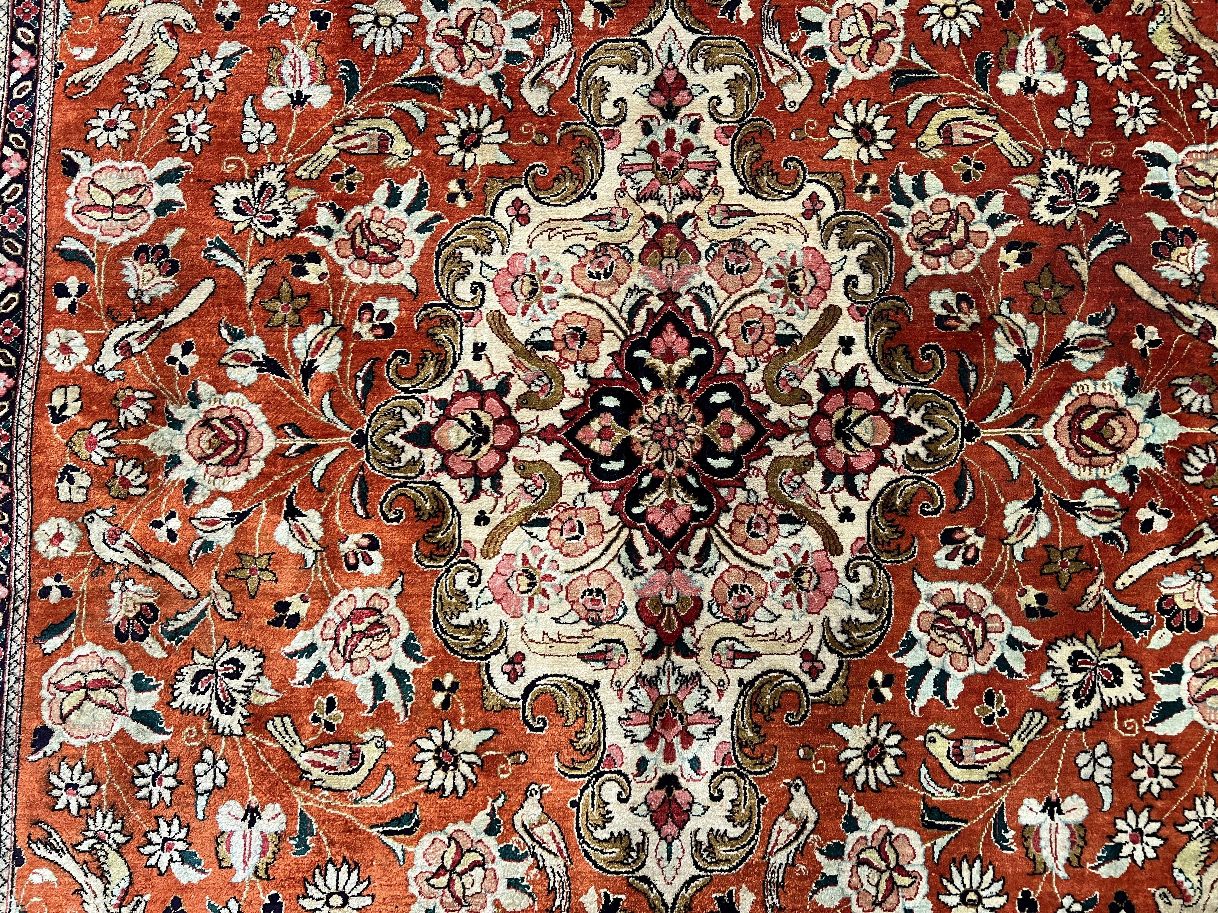 Persian Qum Silk Rug 5x7 - Floral Medallion, Birds, Orange-Red - Jewel Rugs