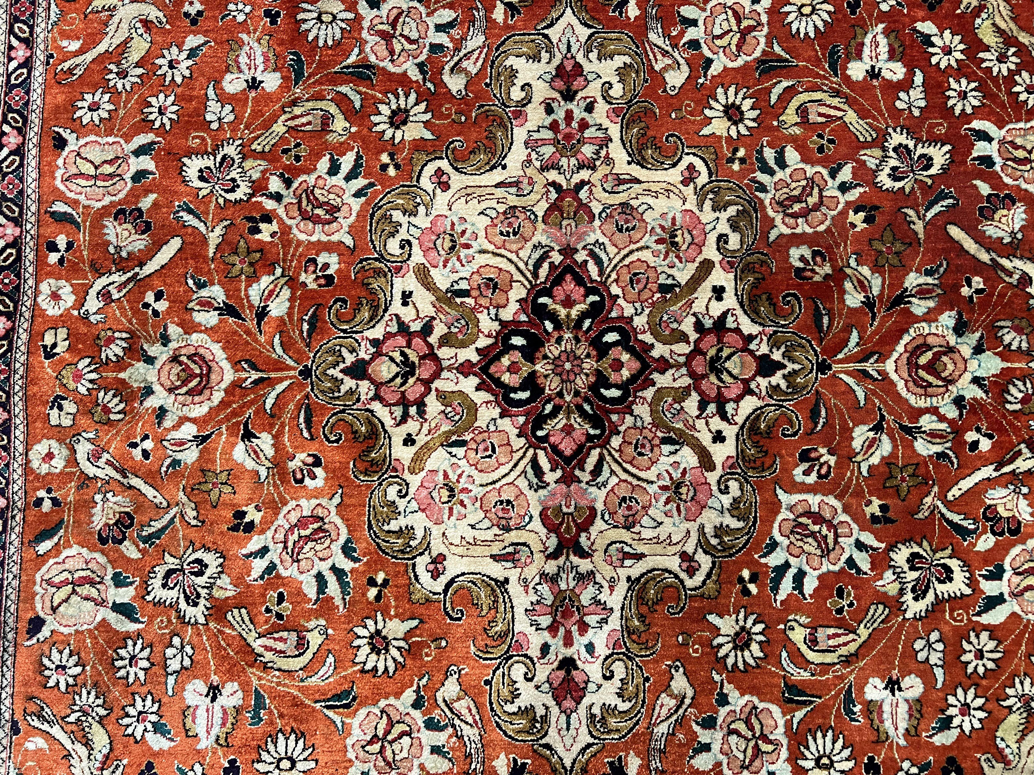 Stunning Persian Qum Silk Rug 5x7, Silk on Silk Carpet, Floral Medallion Birds, Burnt Orange and Cream, High KPSI, Very Fine Vintage Oriental Ghom Carpet, Authentic - Jewel Rugs