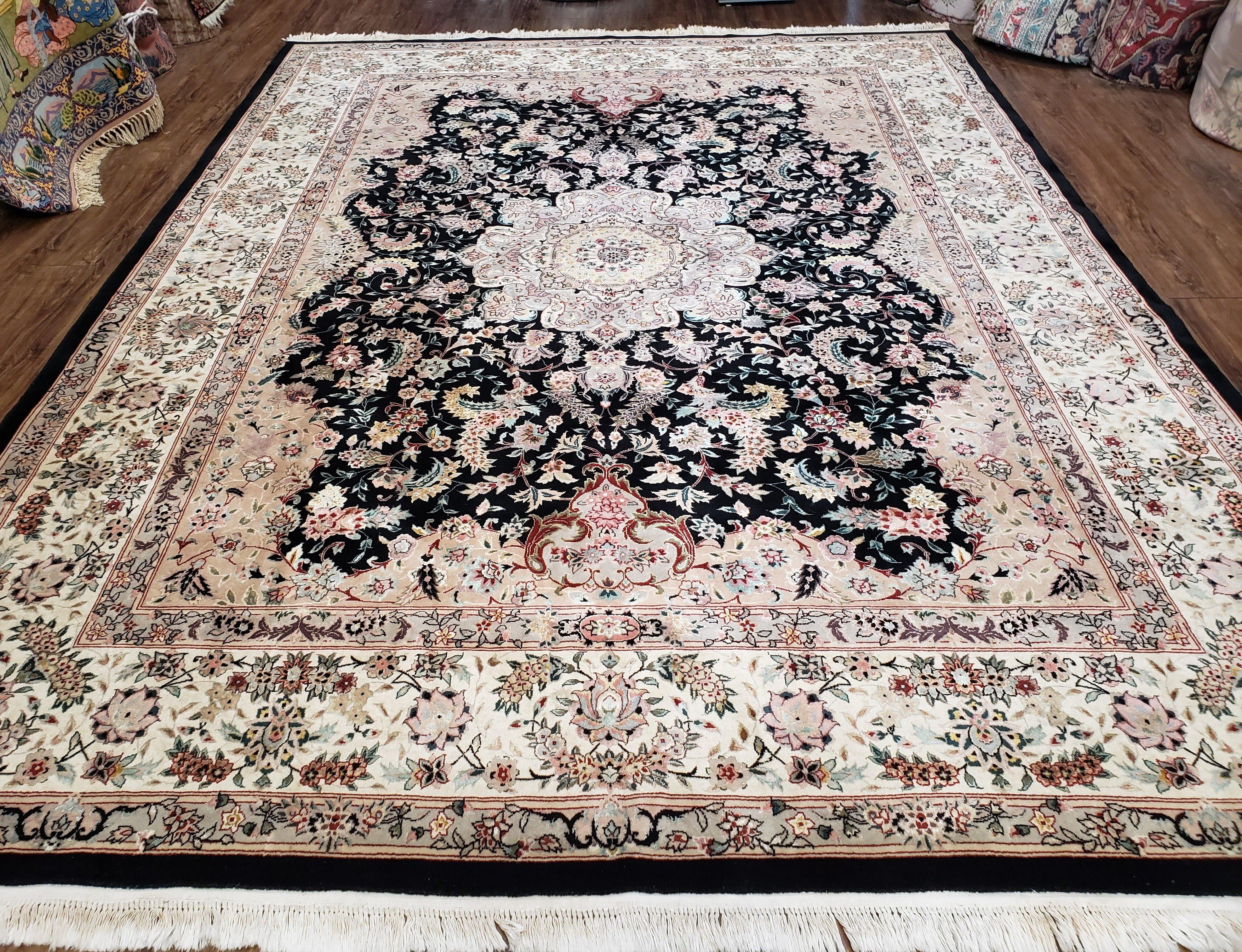 Stunning Sino Persian Rug 8x10, Elegant High Quality Handmade Carpet, Wool and Silk, Medallion with Corner Design, Floral, Black Ivory, Fine - Jewel Rugs