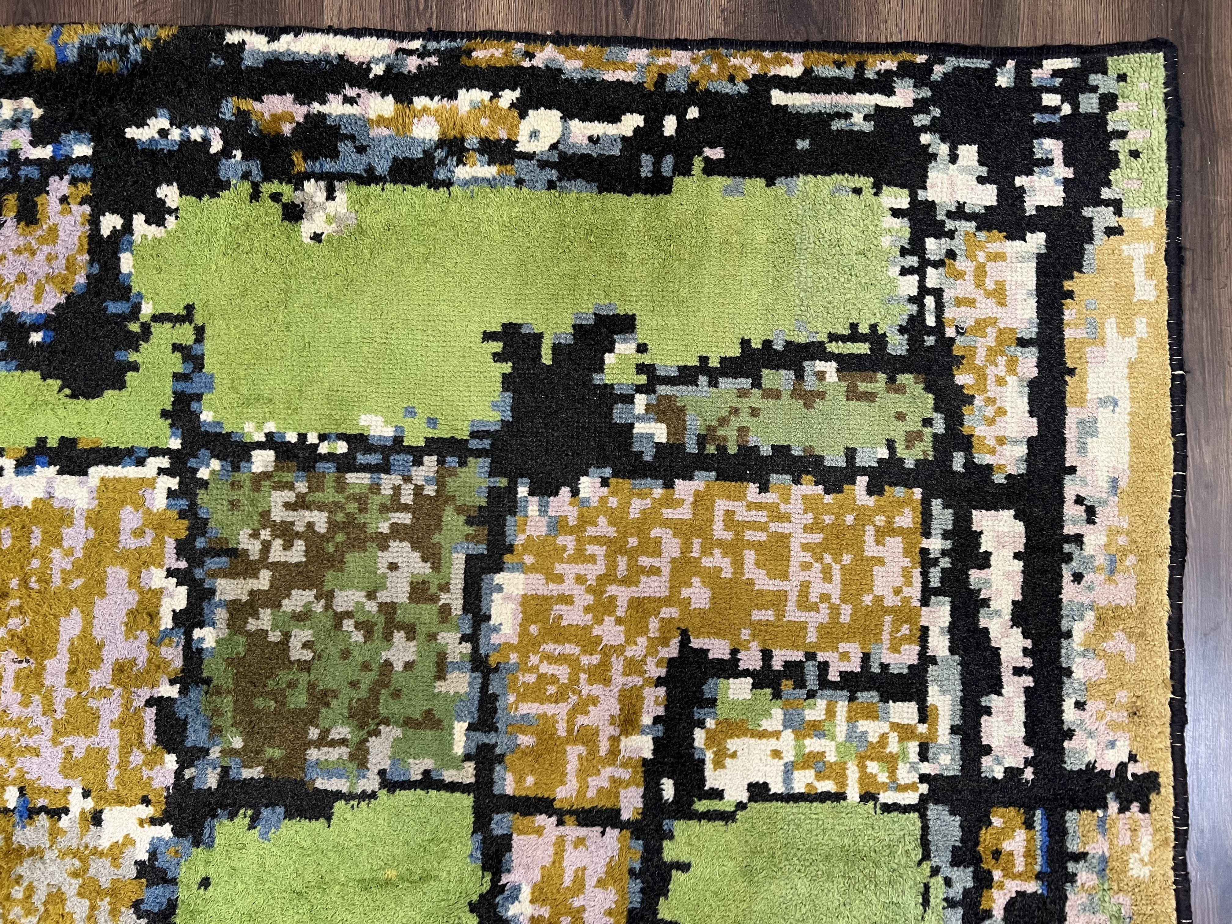 Large Swedish Shag Rug 8x11, Room Sized Vintage Retro Mid Century Shag Area Rug, Abstract Multicolor Design, Greens Blues, Soft, 8 x 11 Rug - Jewel Rugs