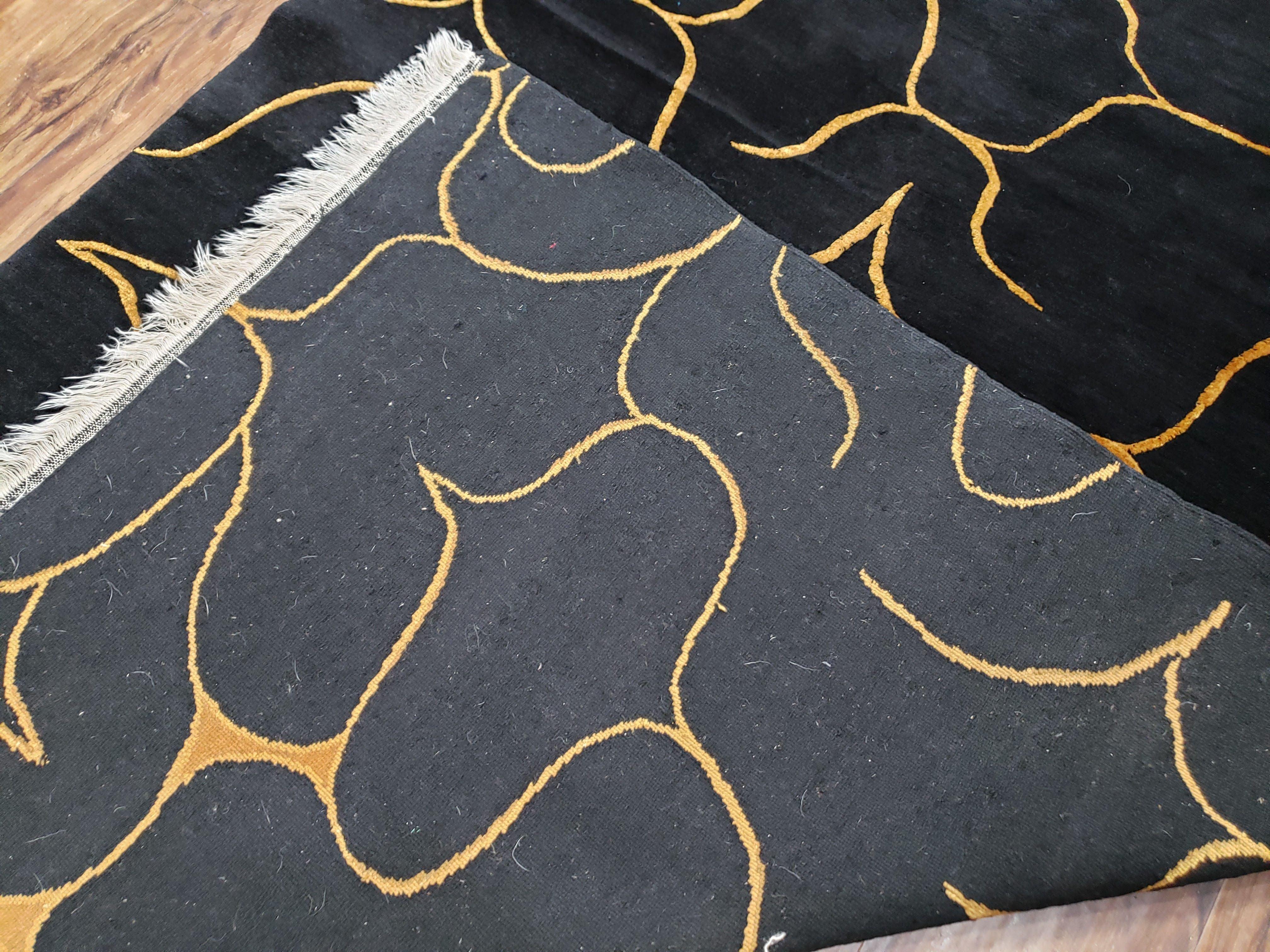 Black Tibetan Runner Rug, Wide Runner Rug, Black and Gold Rug, Handmade Carpet, 4.5 x 10 Rug, Wool and Silk Rug, Modern Tibetan Rug Abstract - Jewel Rugs