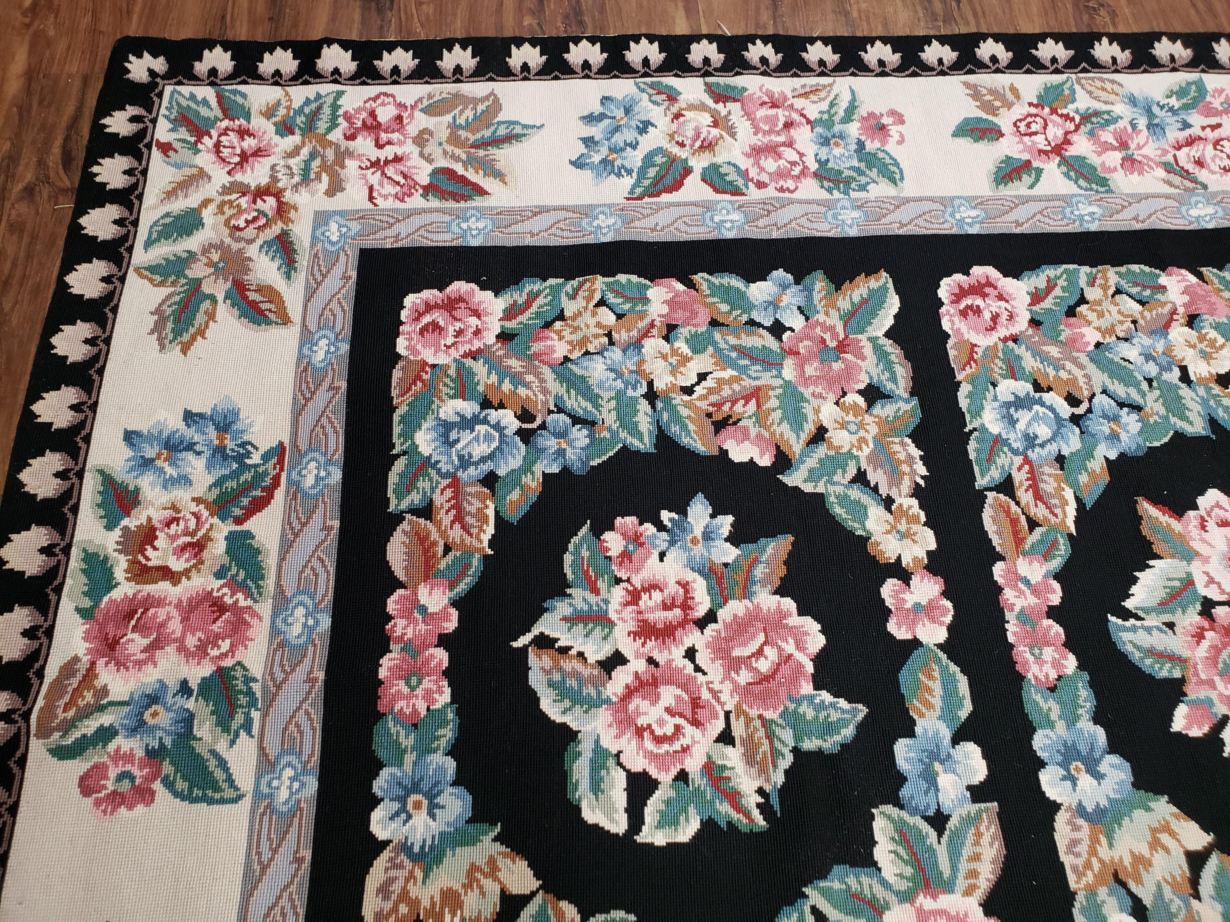 Floral Needlepoint Rug 9.5 x 13.6, Floral Panel Design, Black and Ivory Flatweave Aubusson Carpet, Multicolor - Jewel Rugs