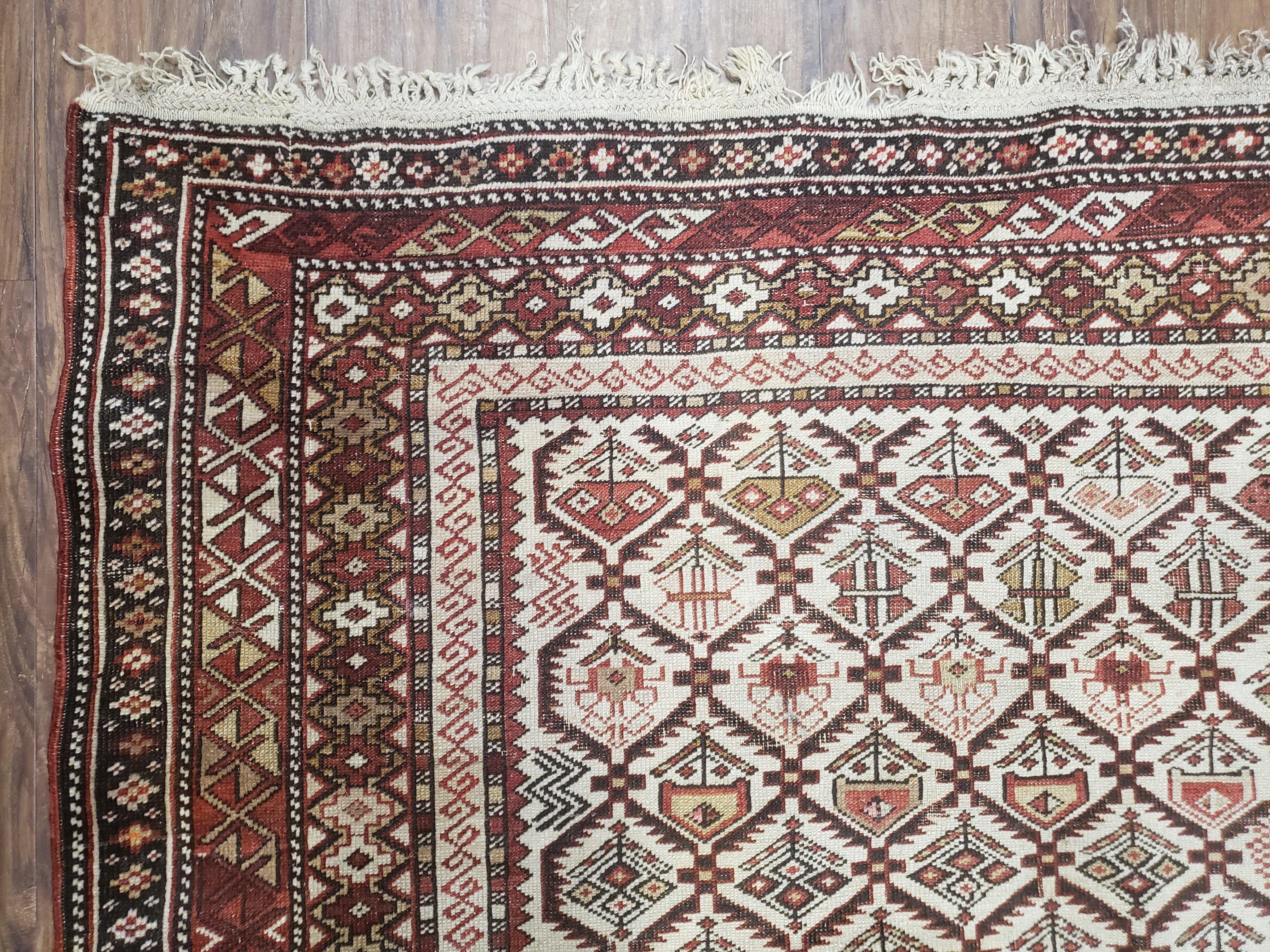 Antique Caucasian Shirvan Rug 4x6, Dagestan Area Rug, Wool Hand-Knotted Soft Red & Ivory 1920s Oriental Carpet, Soft Muted Colors - Jewel Rugs